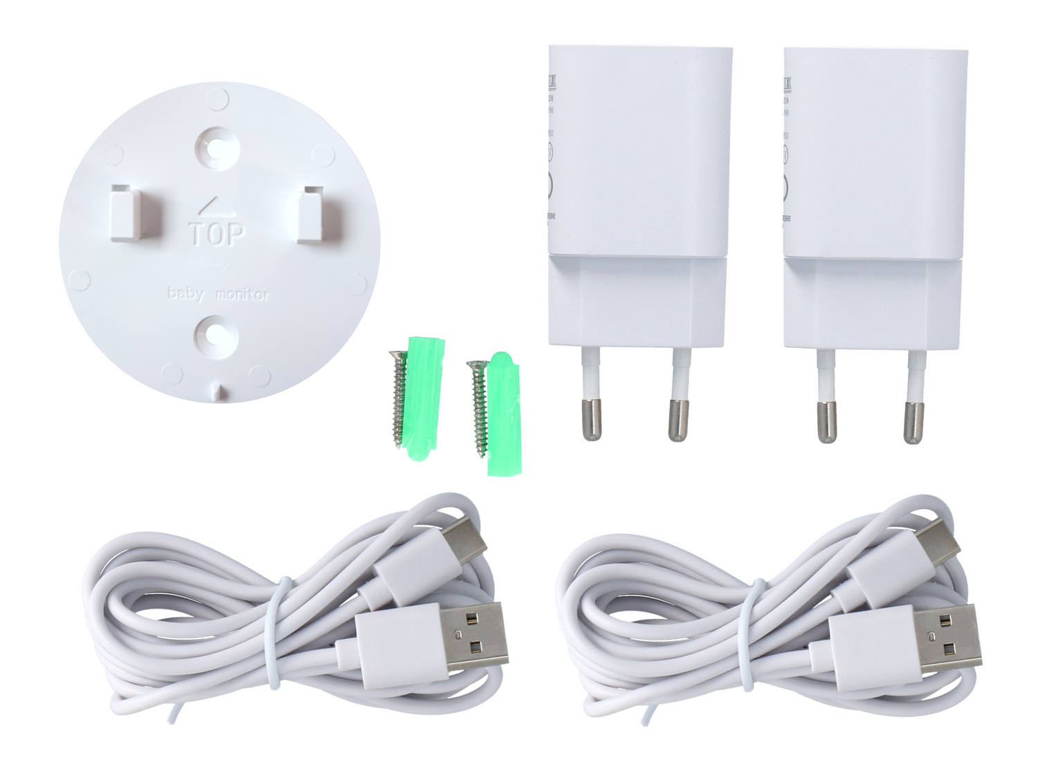 Biała podstawa monitora dziecka, dwa wtyczki, dwa kołki i dwa kable USB.