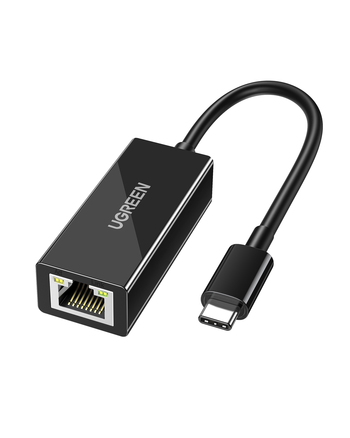 UGREEN siyah USB-C - Ethernet adaptörü, RJ45 portu ve USB-C konektörlü.
