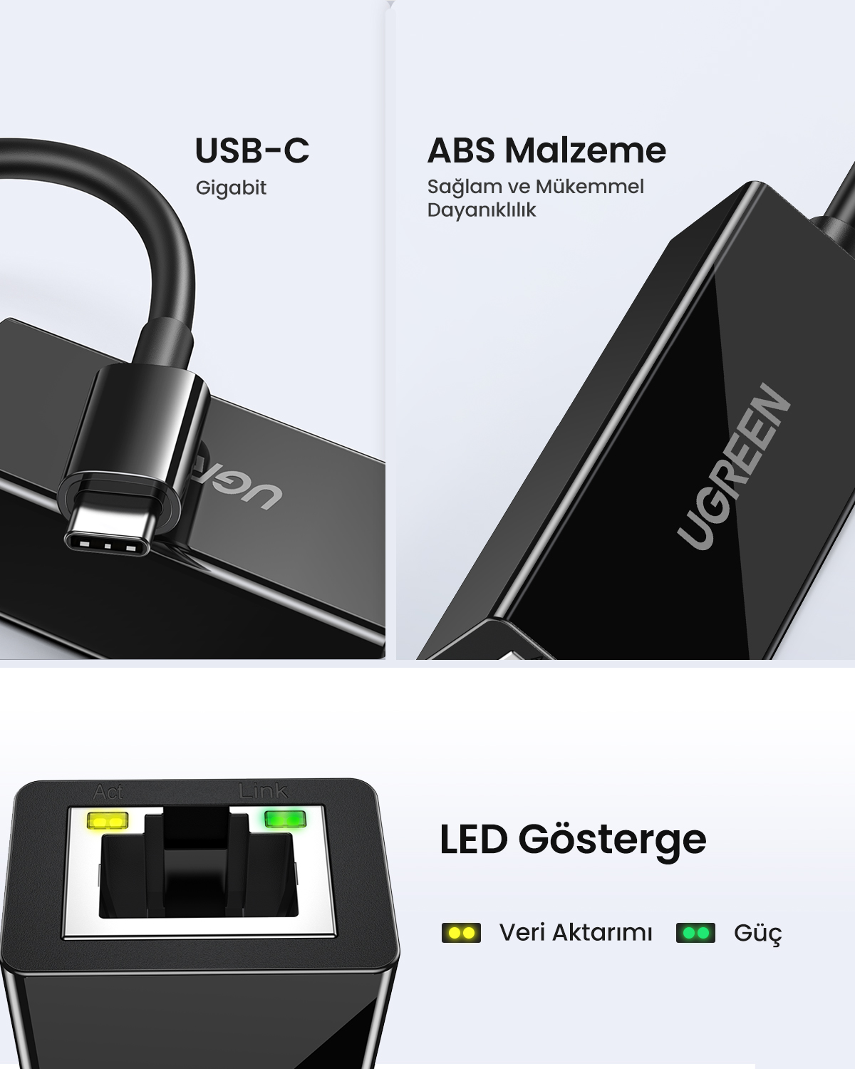 Ethernet portlu ve LED göstergeli siyah USB-C adaptörü.