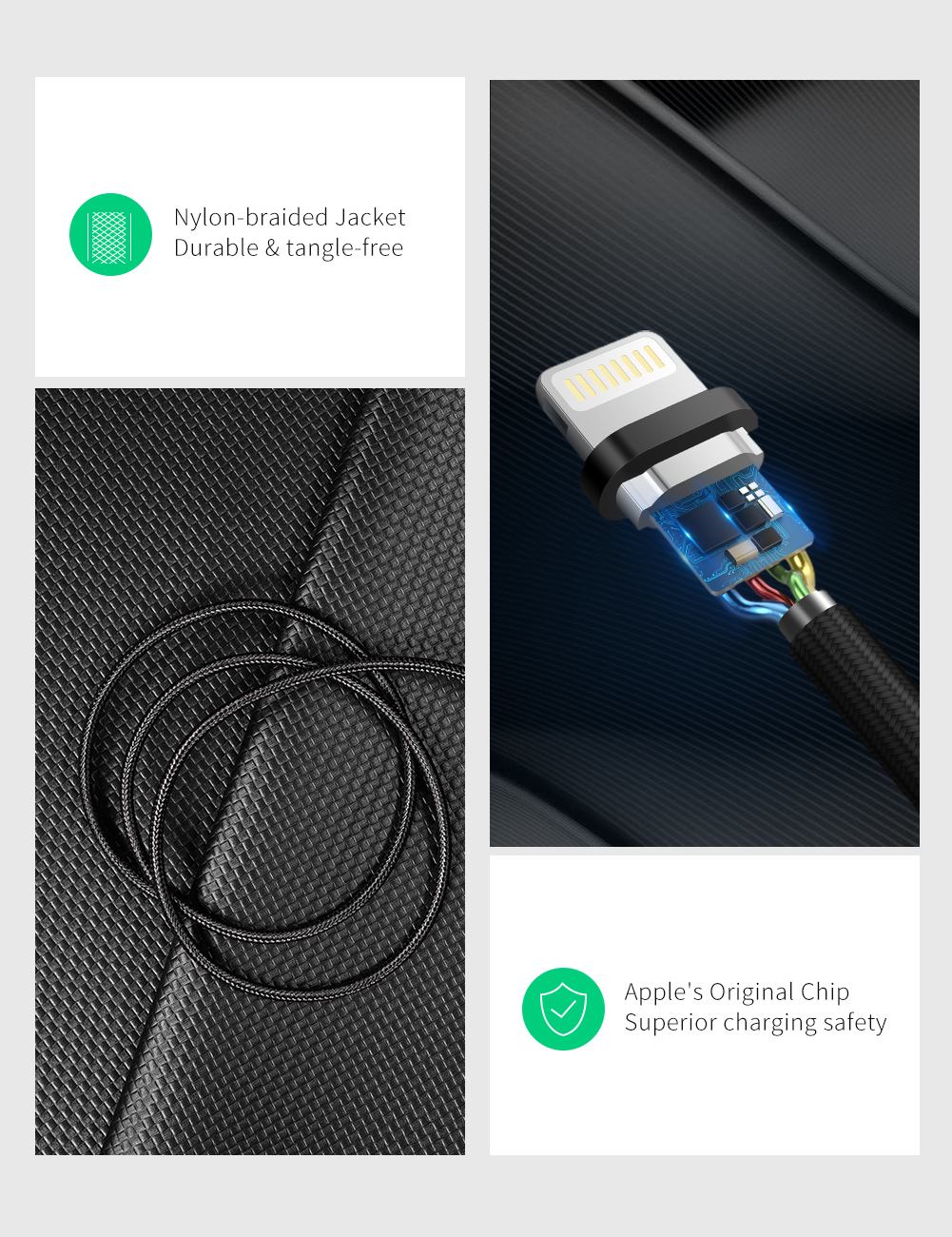 Naylon örgülü kablo, dayanıklı ve dolaşmayan. Güvenli şarj için Apple Orijinal Çip.