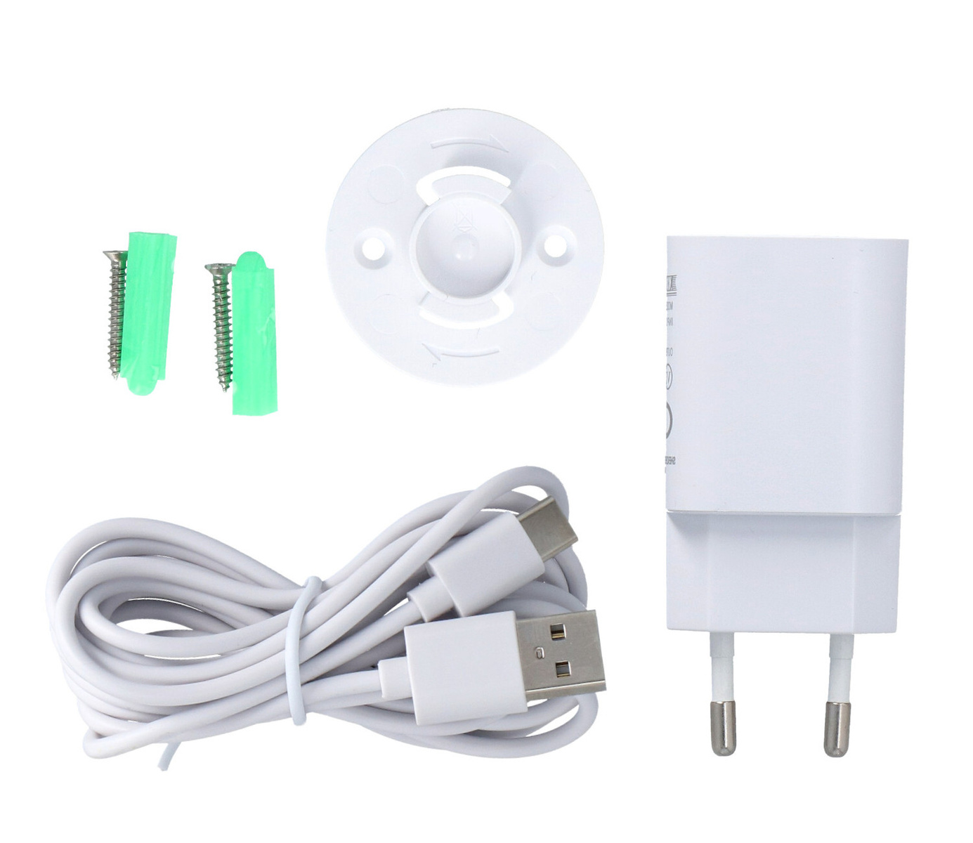 Biały kabel USB, ładowarka ścienna, śruby, kołki i wspornik montażowy.