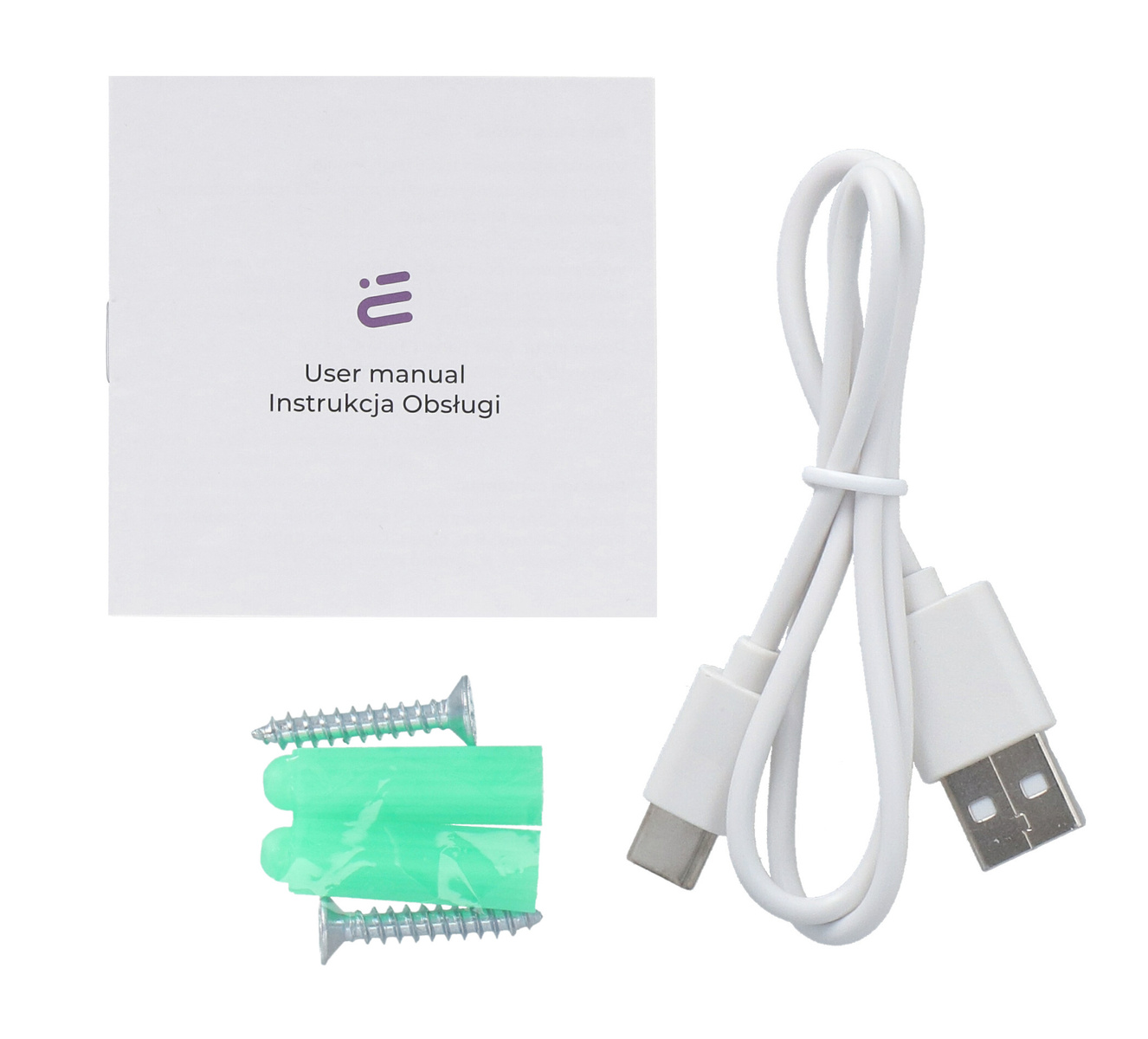Instrukcja obsługi, kabel USB-C i kołki rozporowe ze śrubami.