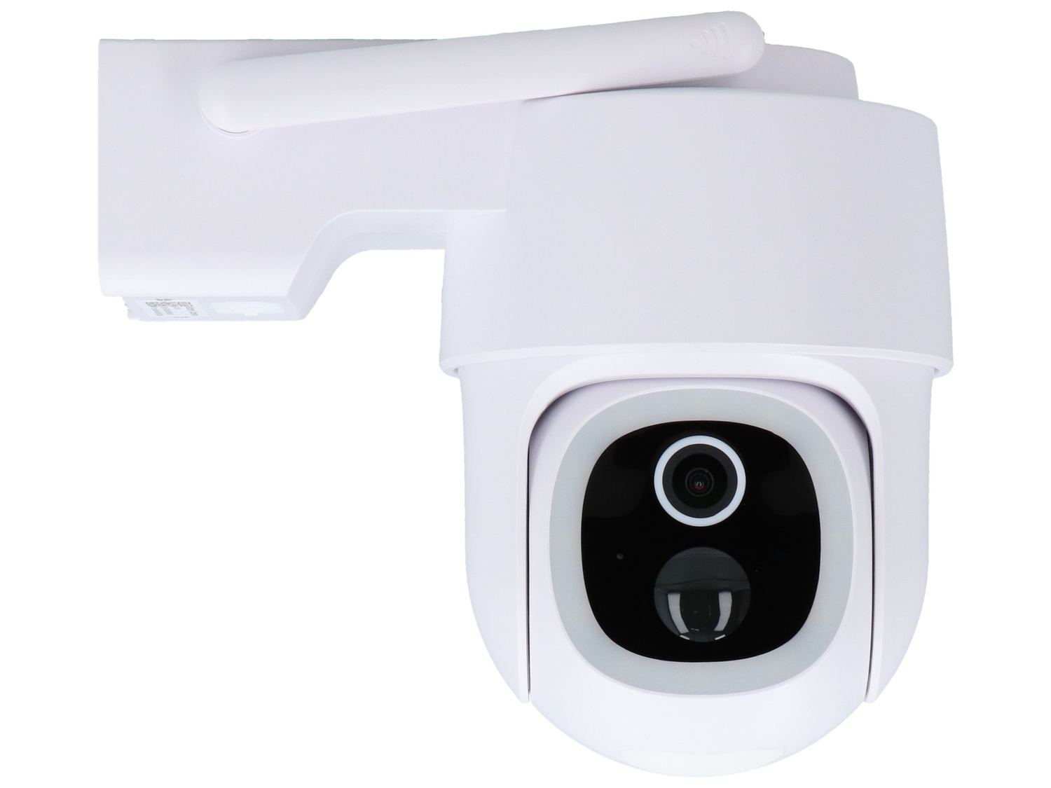 Biała kamera monitoringu z funkcją Pan/Tilt i anteną, na białym tle.