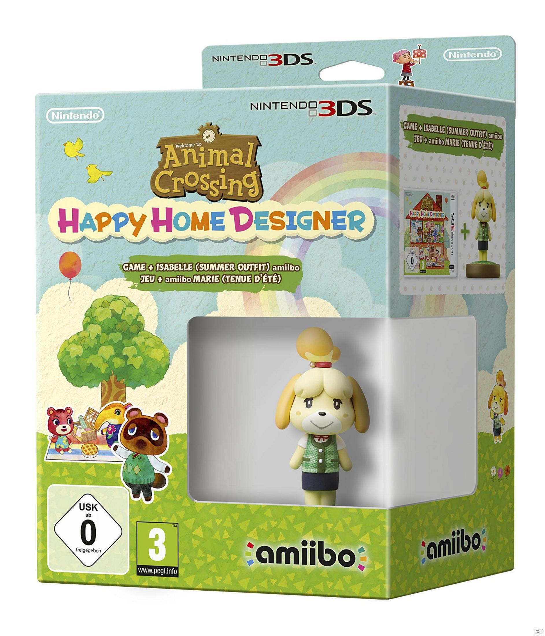 Confezione di Animal Crossing Happy Home Designer con statuetta amiibo di Isabelle.