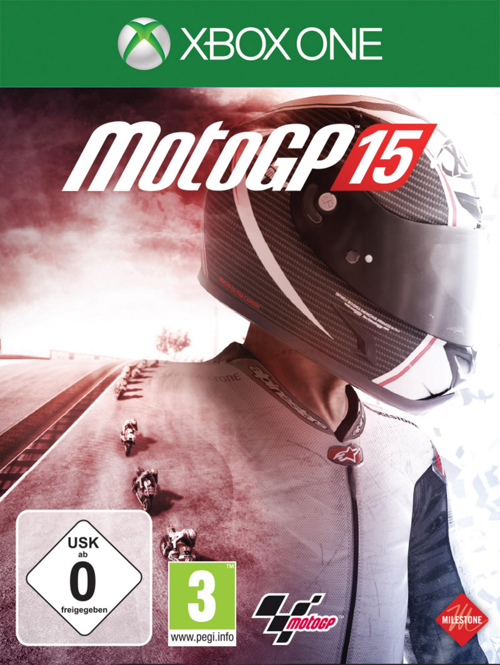 MotoGP 15 Xbox One Hülle mit Rennfahrer und Motorrädern auf einer Rennstrecke.