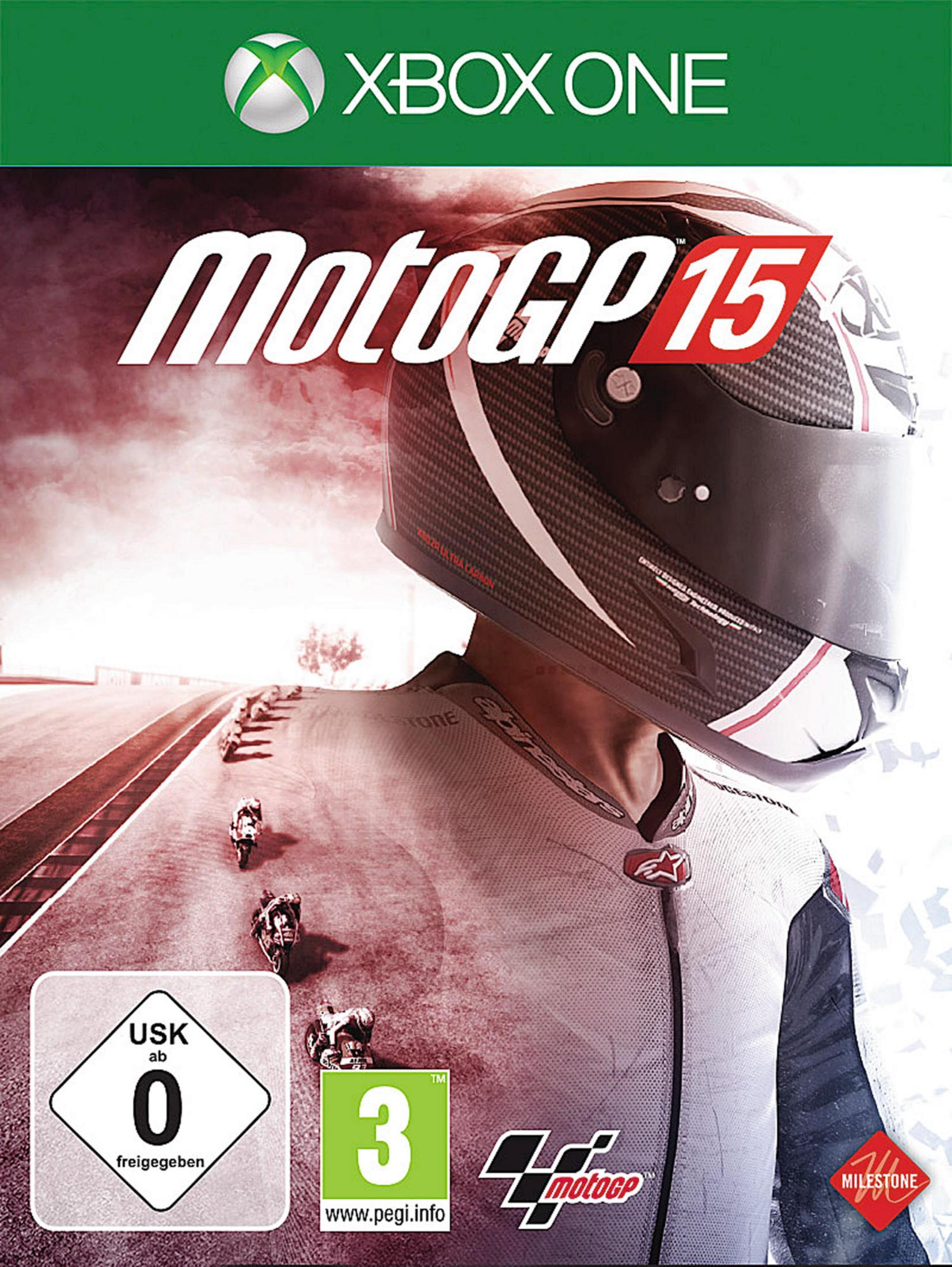 MotoGP 15 Xbox One Hülle mit Motorradfahrer und Motorrädern auf Rennstrecke.
