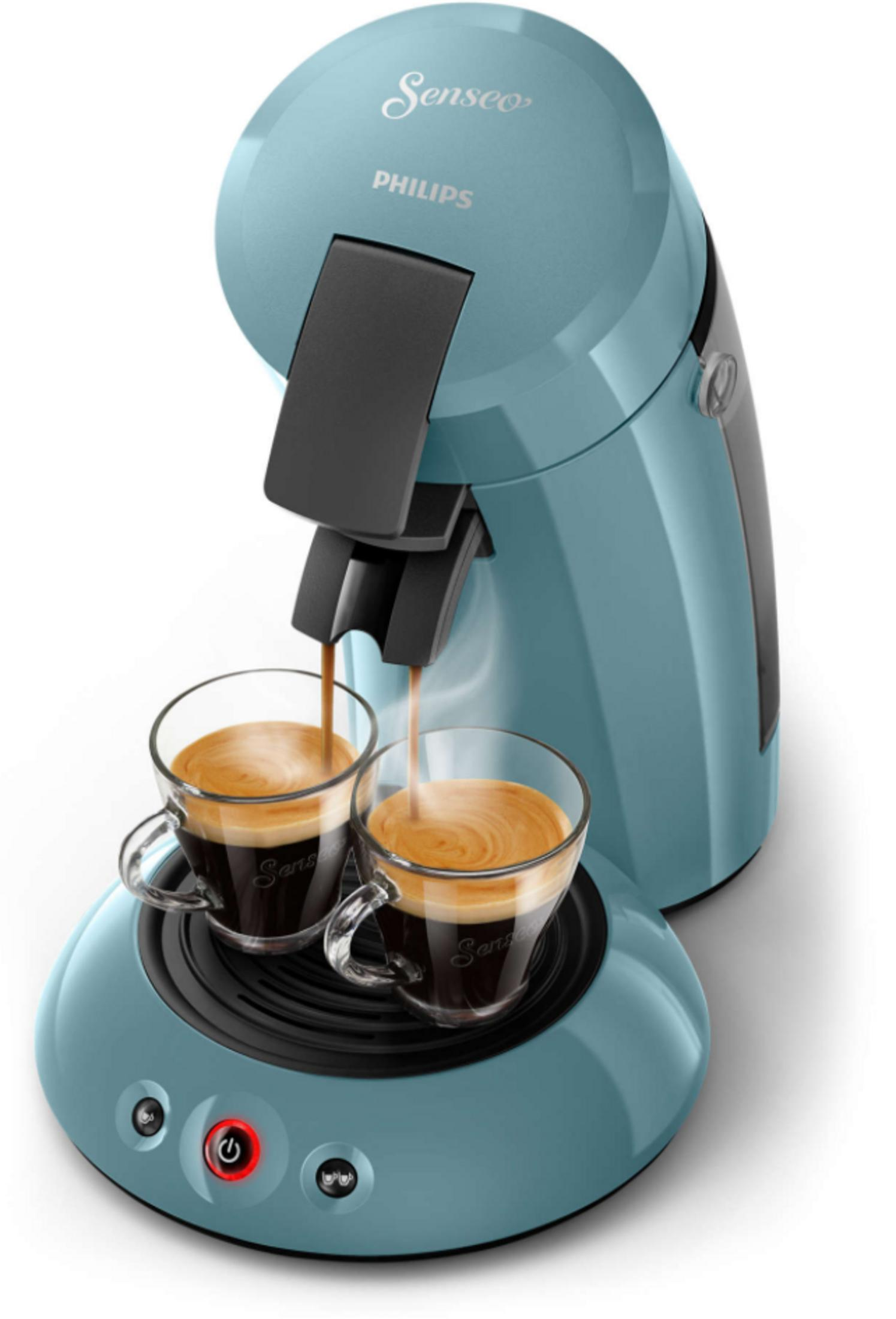 Una cafetera Senseo azul prepara café en dos vasos. El botón de encendido brilla en rojo.