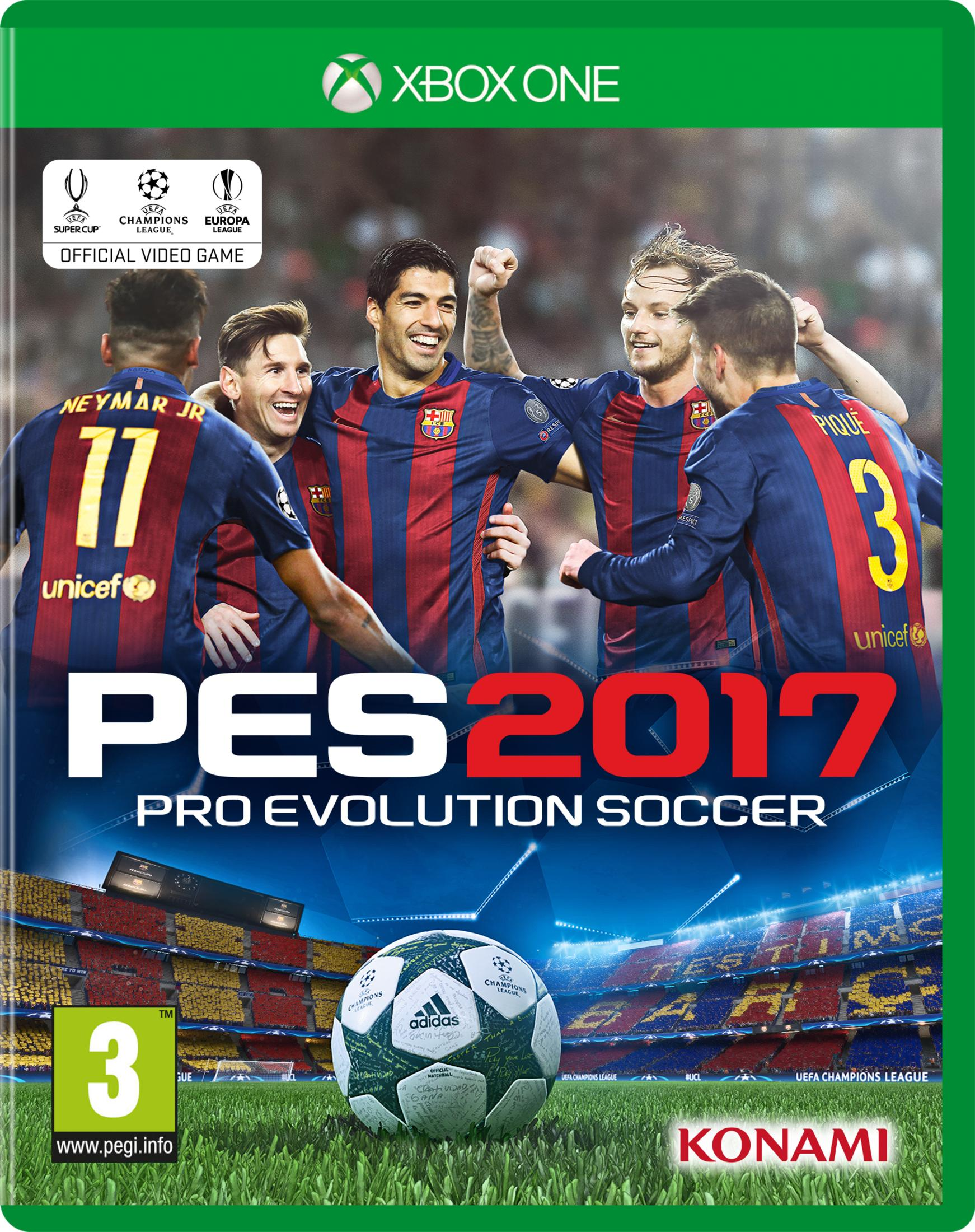 Fußballspieler in Trikots jubeln vor einem Stadion. PES 2017 Spielcover.