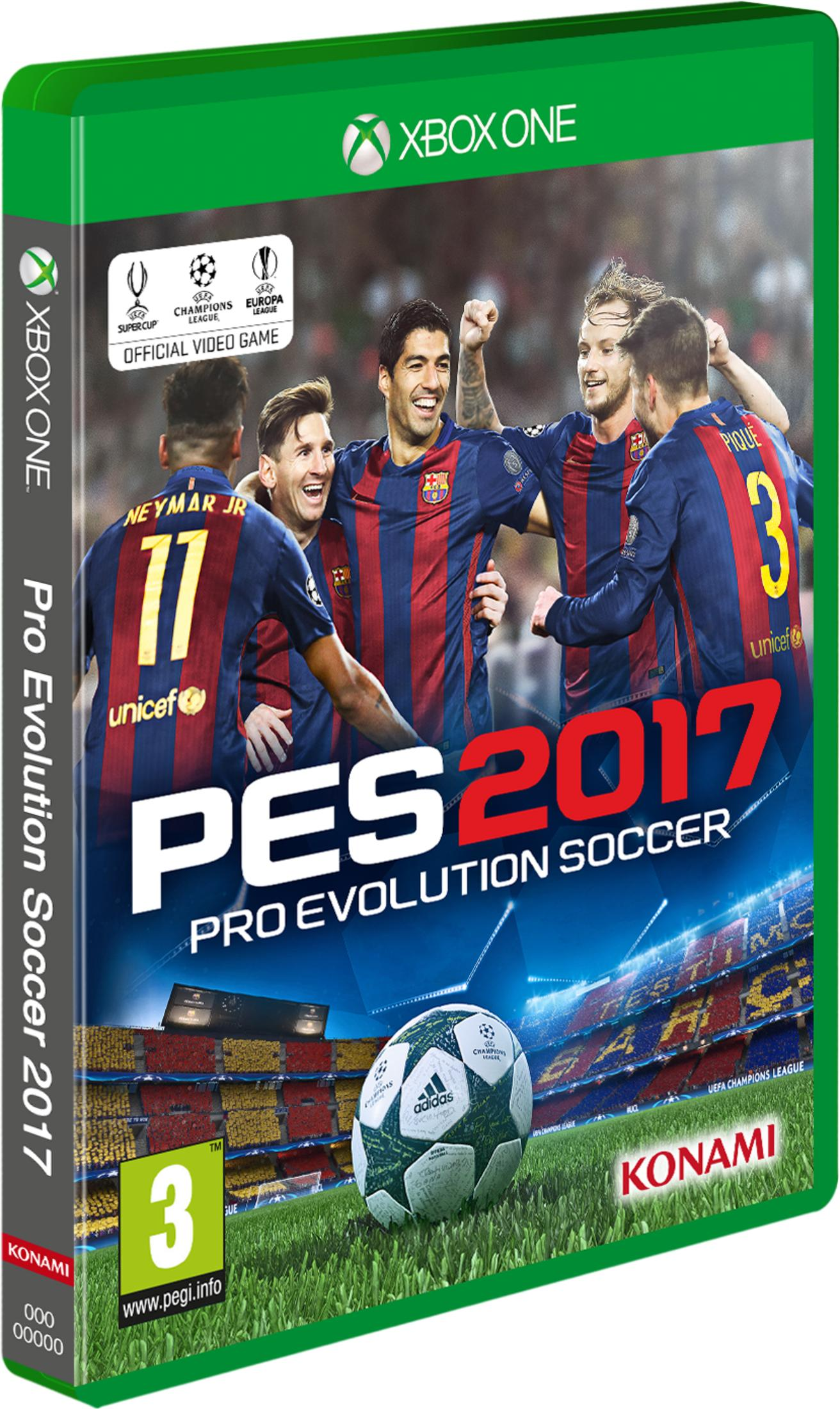 Cover von PES 2017 für Xbox One mit Barcelona-Spielern und einem Fußball.