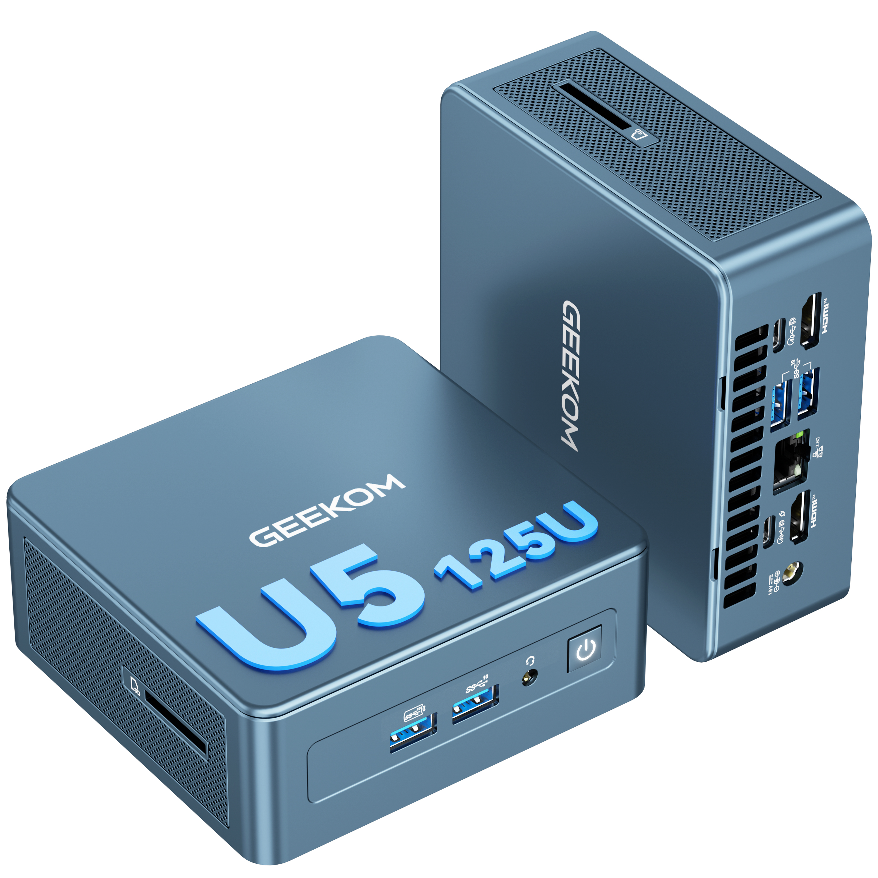 Zwei blaue GEEKOM U5 125U Mini-PCs nebeneinander auf weißem Grund.