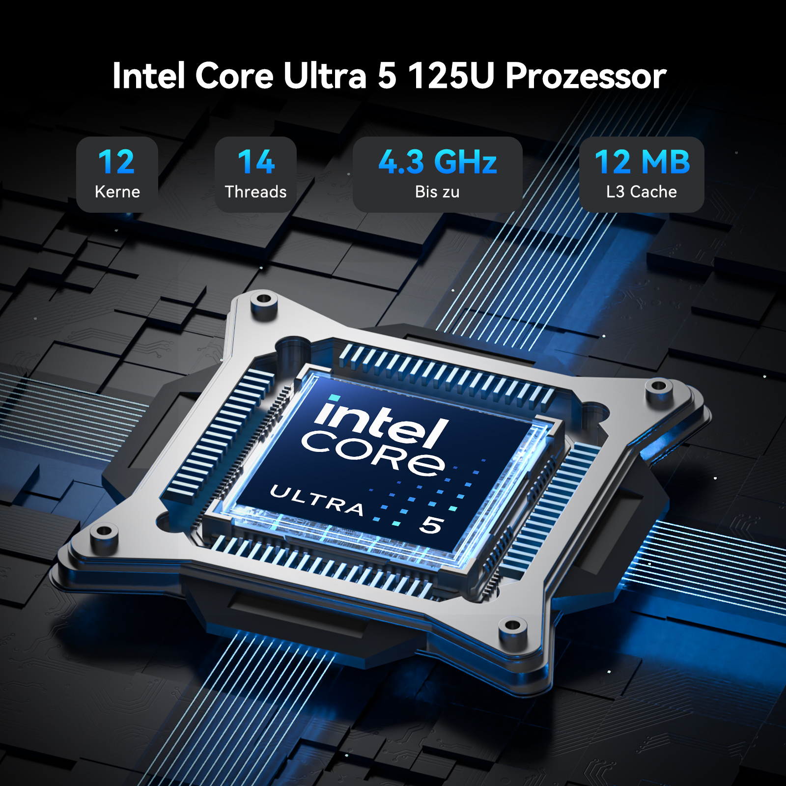 Intel Core Ultra 5 125U Prozessor mit 12 Kernen, 4.3 GHz, 12 MB Cache.