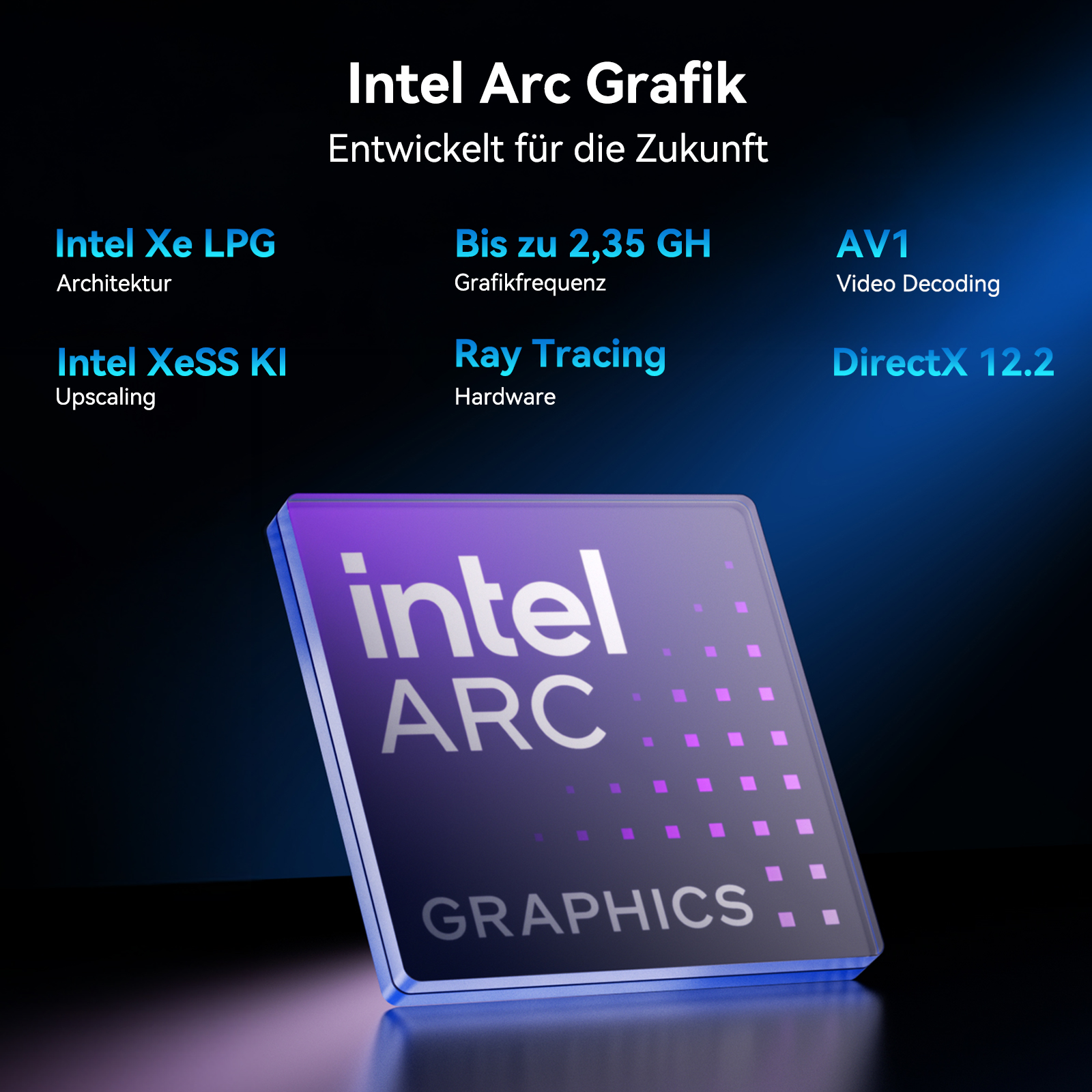 Intel Arc Grafik mit Features wie Xe LPG, Ray Tracing und AV1.