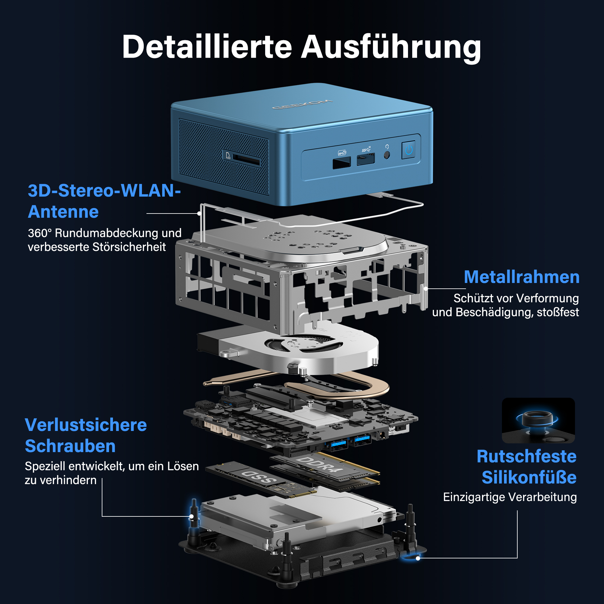 Explosionszeichnung eines blauen Mini-PCs mit hervorgehobenen Komponenten wie Antenne, Metallrahmen, Schrauben und Füßen.