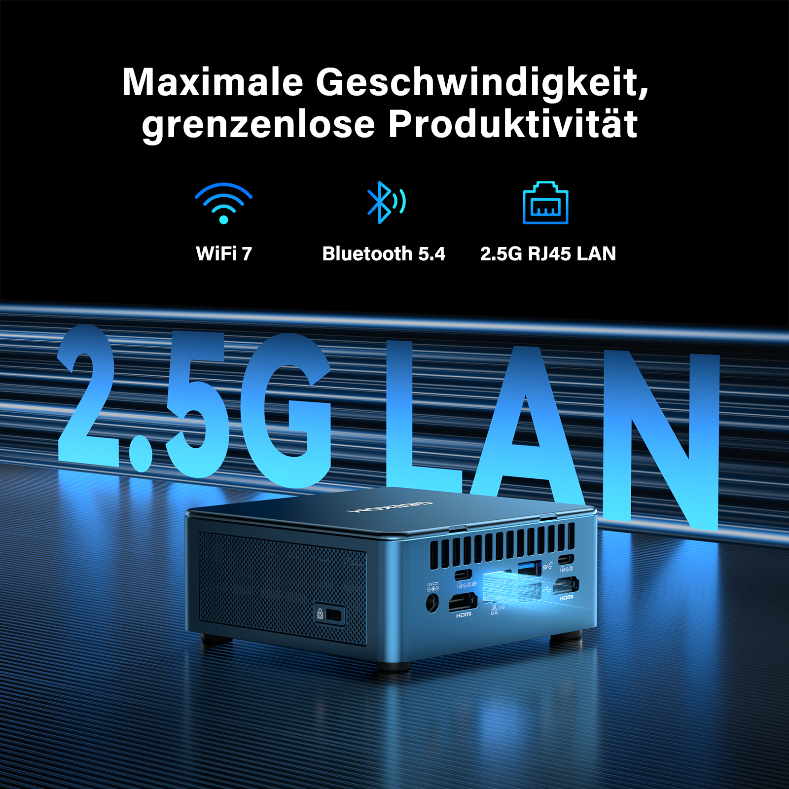 Ein kleiner blauer Mini-PC mit WiFi 7, Bluetooth 5.4 und 2.5G LAN.