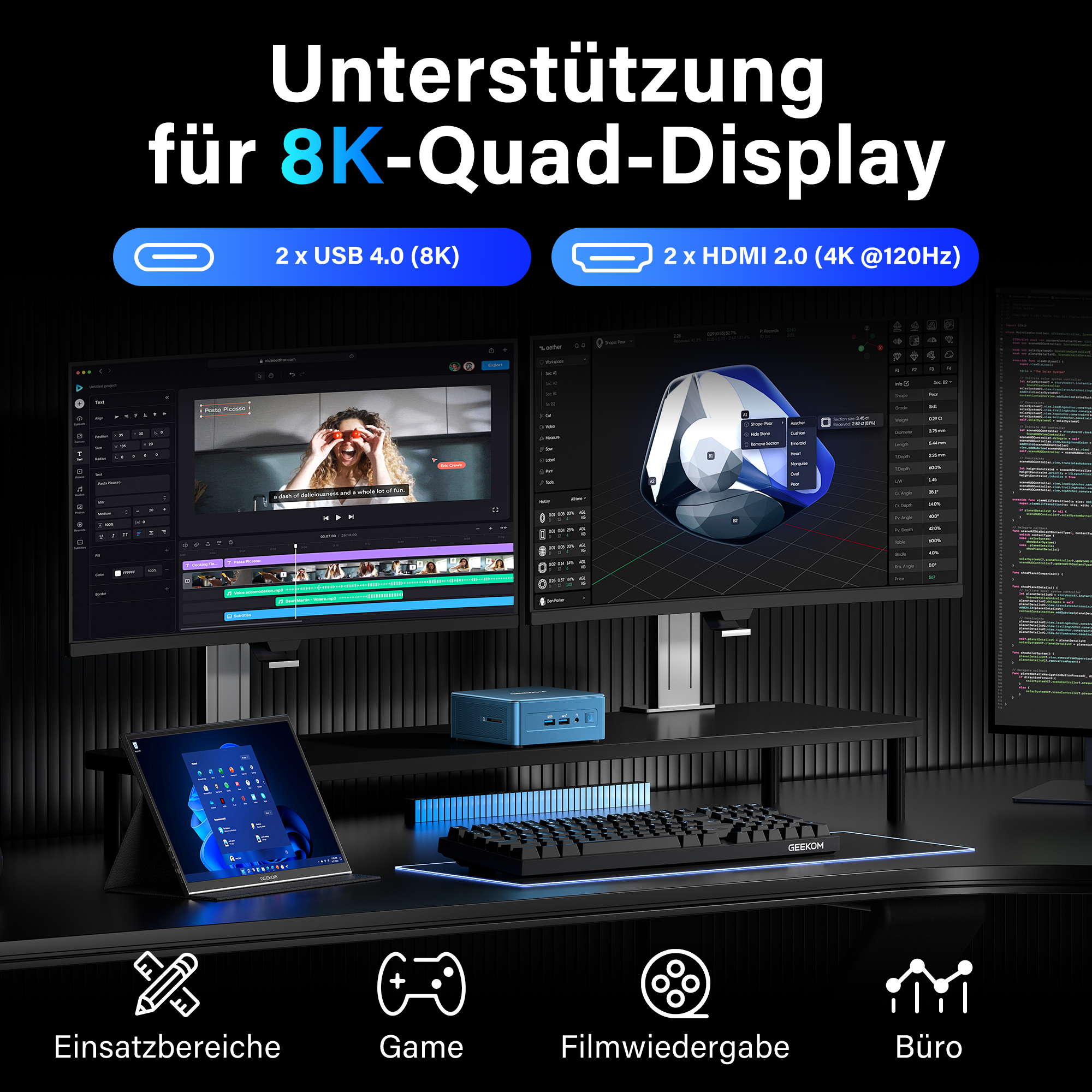 Ein Schreibtisch-Setup mit zwei 8K-Displays, einem Mini-PC, Tastatur und Tablet.