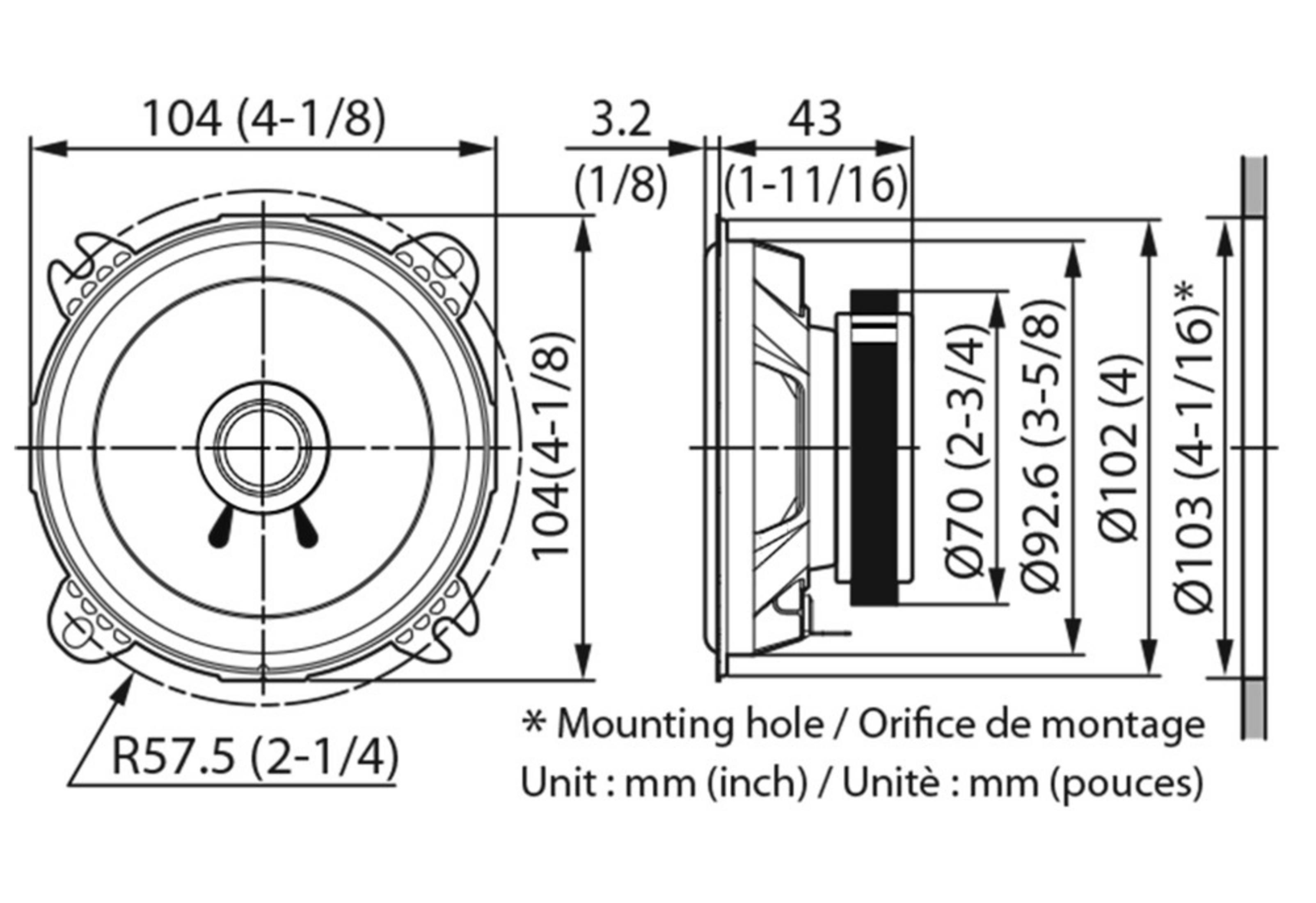 Disegno tecnico di un altoparlante con dimensioni in mm e pollici.