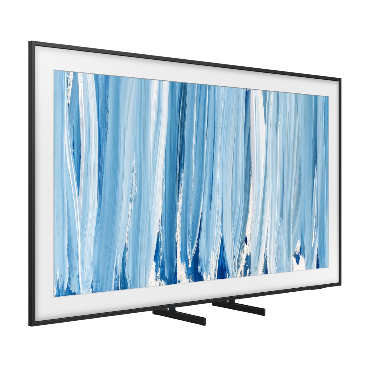 Un televisor moderno con una obra de arte abstracta en azul y blanco.