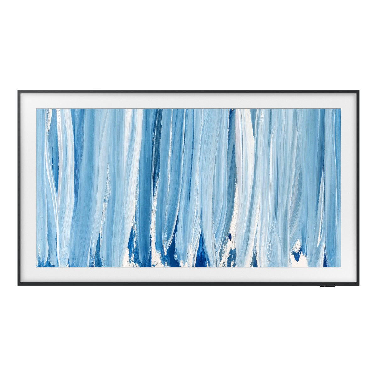 Pintura abstracta con pinceladas verticales en tonos azules y blancos.