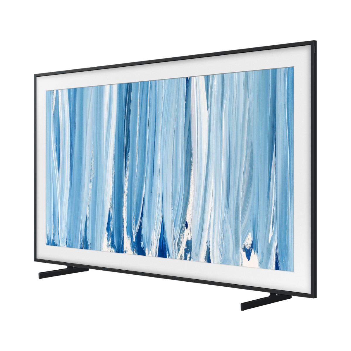Un televisor moderno con marco negro muestra pinceladas verticales abstractas en azul y blanco.