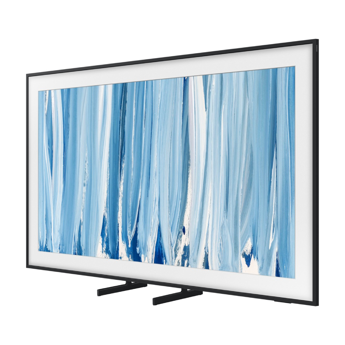 Un televisor moderno con marco negro muestra arte abstracto en tonos azules y blancos.