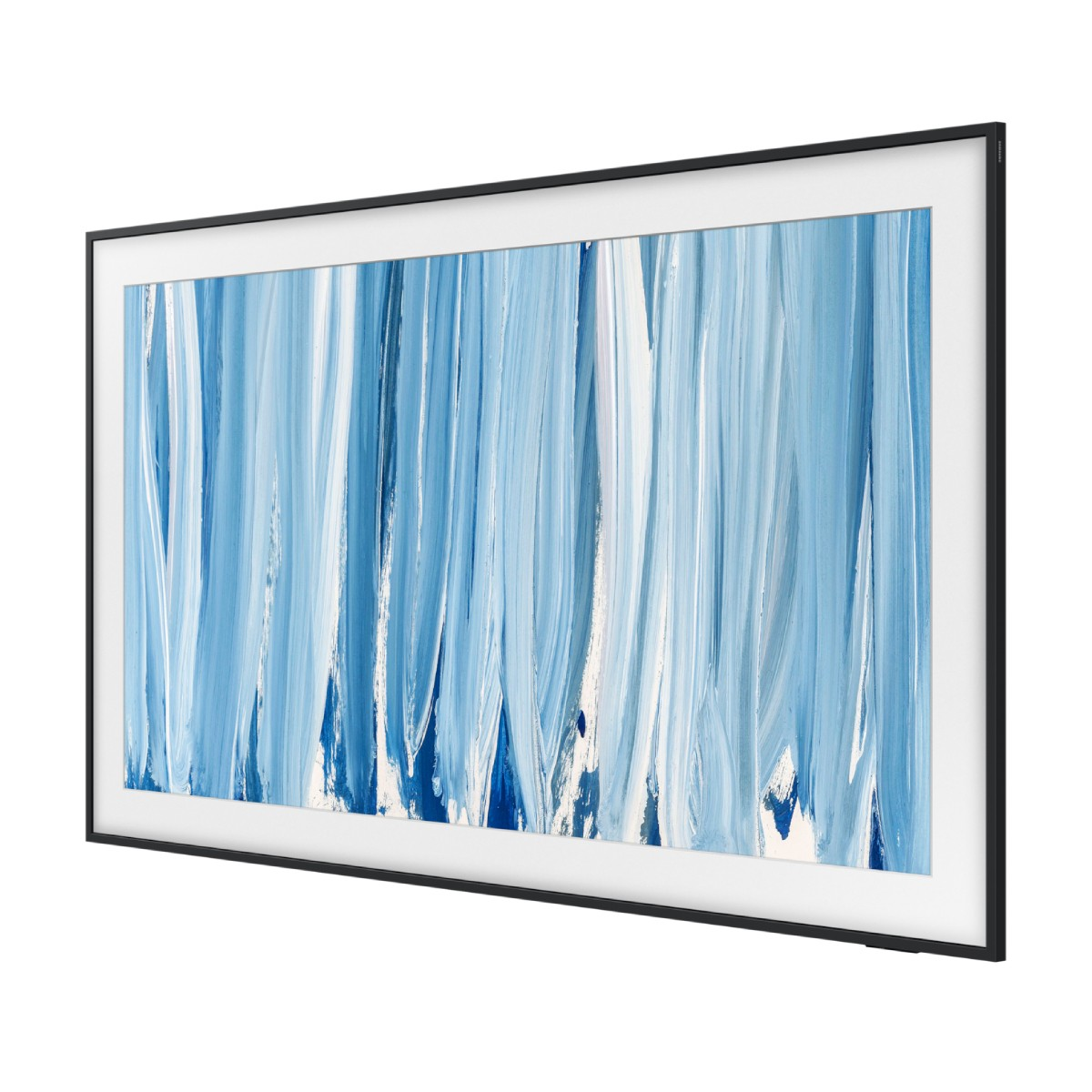 Una pantalla de TV que muestra una pintura abstracta de pinceladas verticales azules y blancas.