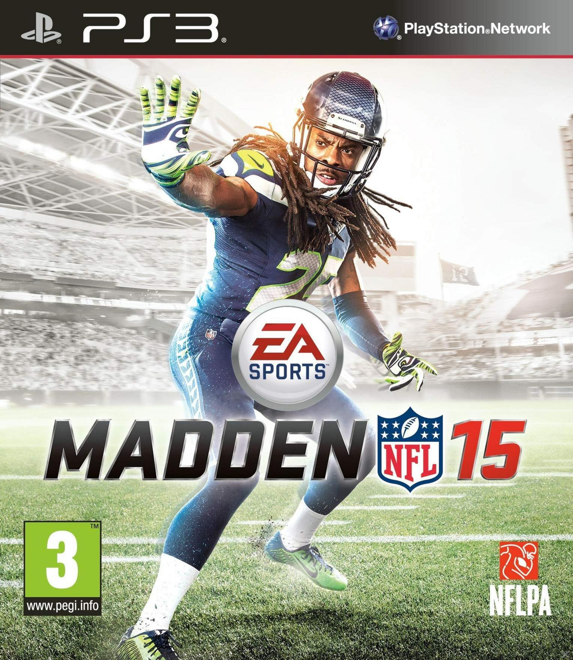 Madden 15 Cover mit einem Footballspieler in voller Montur auf einem Rasenfeld.
