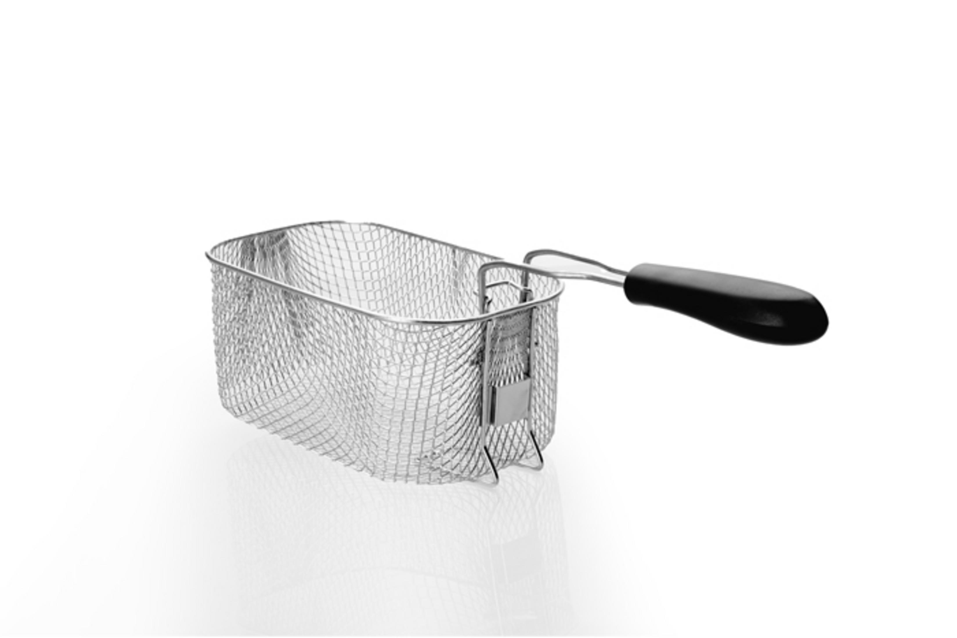 A silver wire mesh fryer basket with a black handle on a white background.