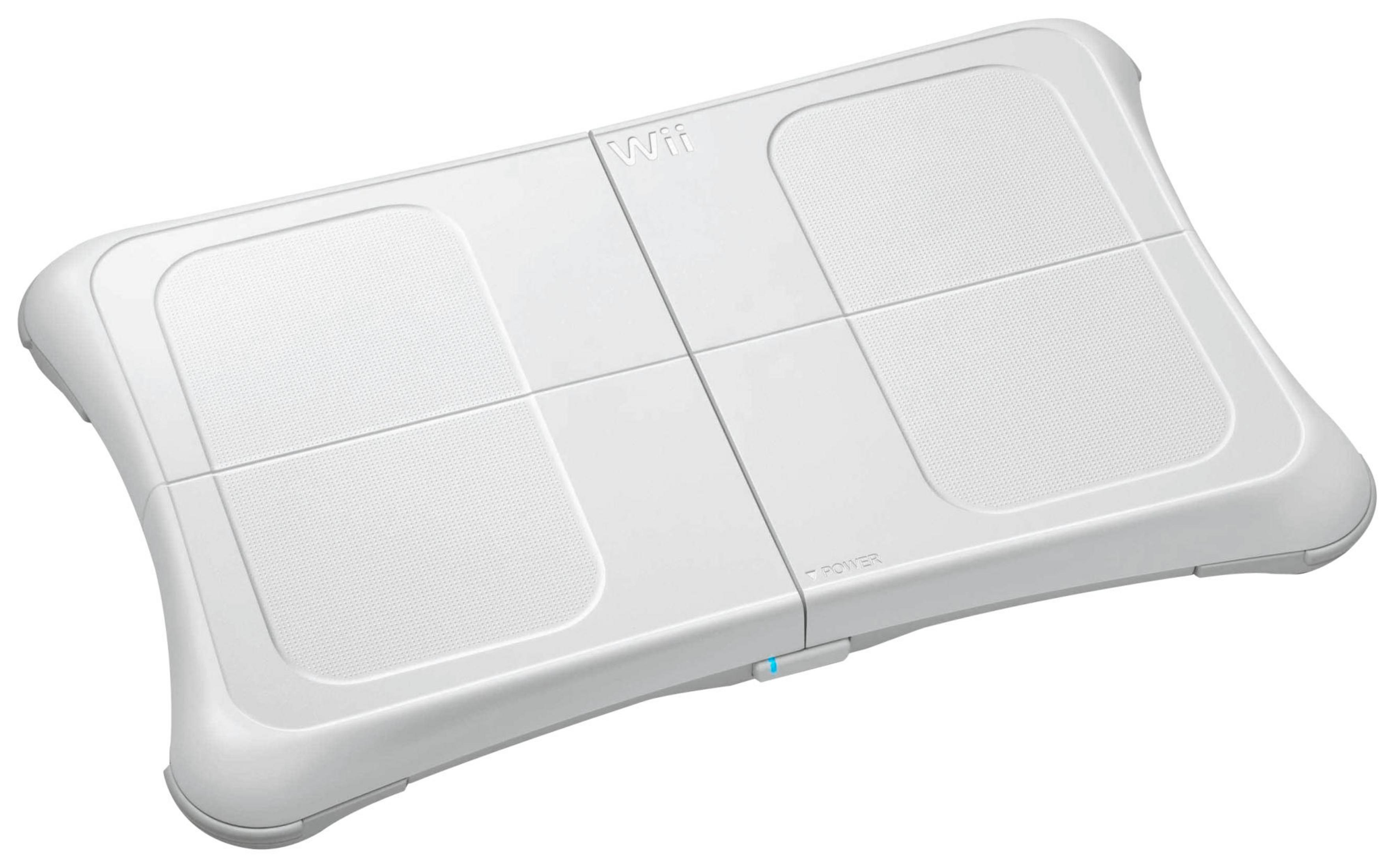 Eine weiße Wii-Waage mit Power-Knopf und blauem Licht.