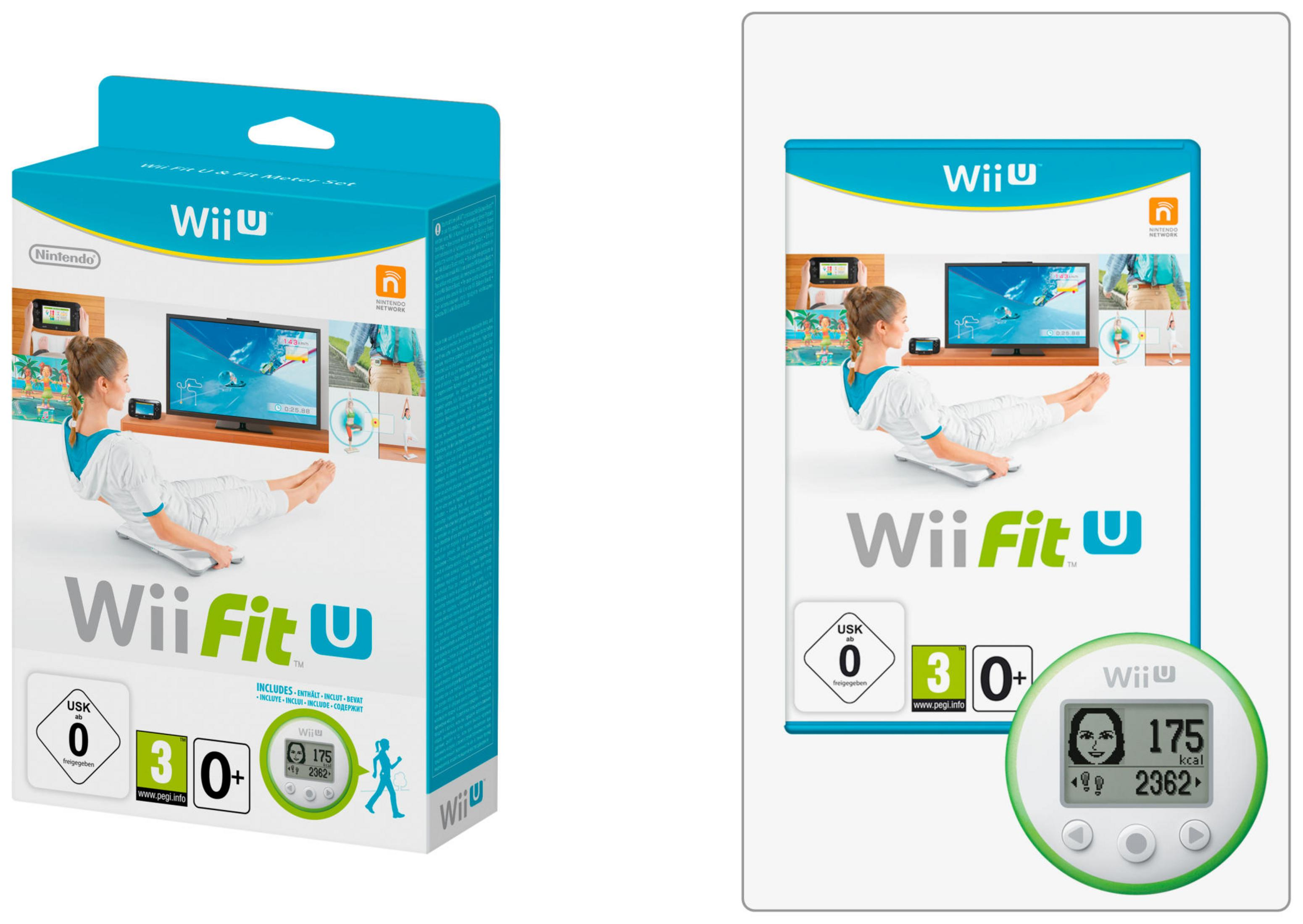Verpackung von Wii Fit U & Fit Meter Set mit Frau auf Matte, TV-Bildschirm, und Fit Meter.