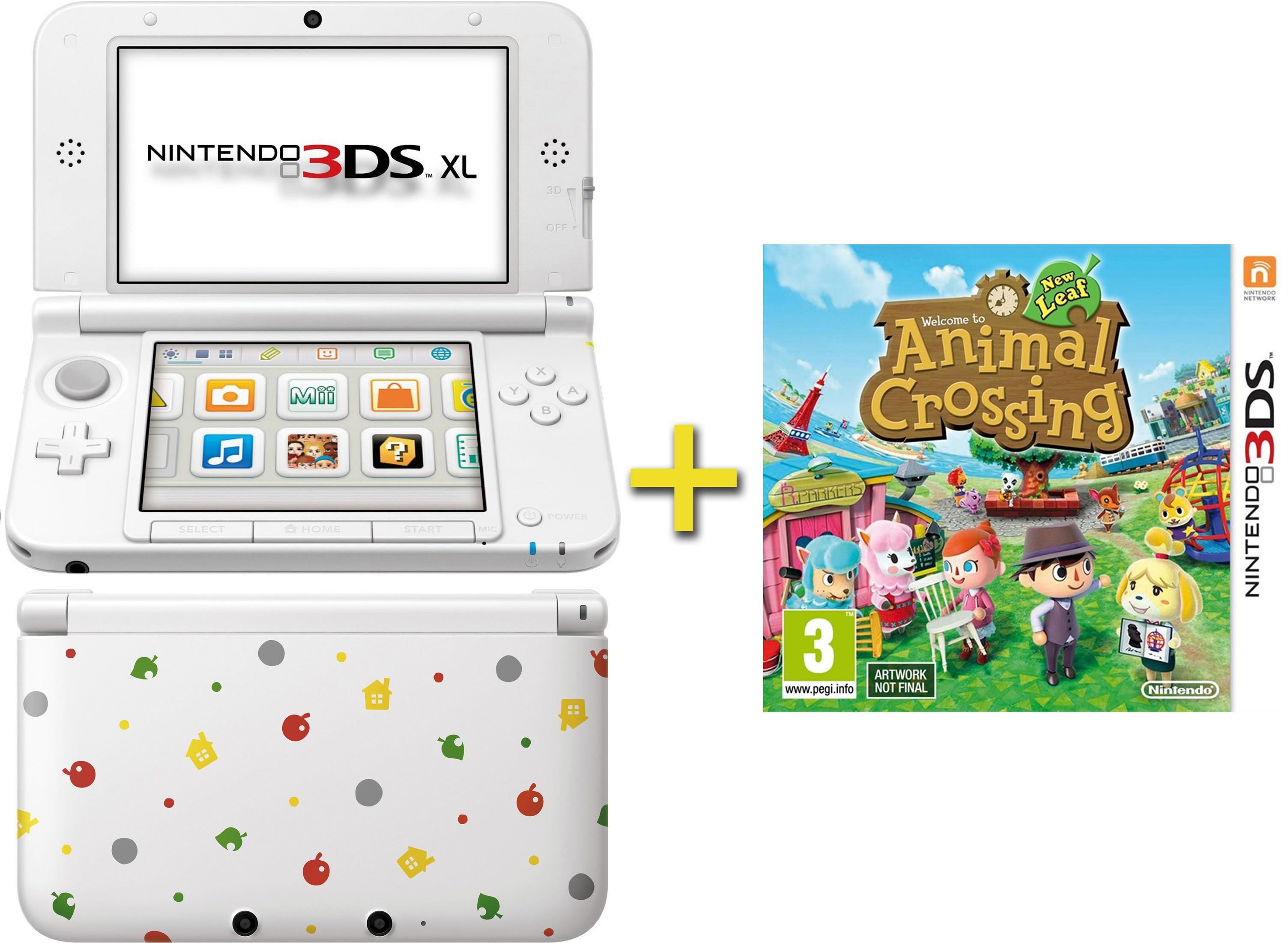Ein weißes Nintendo 3DS XL mit Animal Crossing: New Leaf Spielhülle daneben.