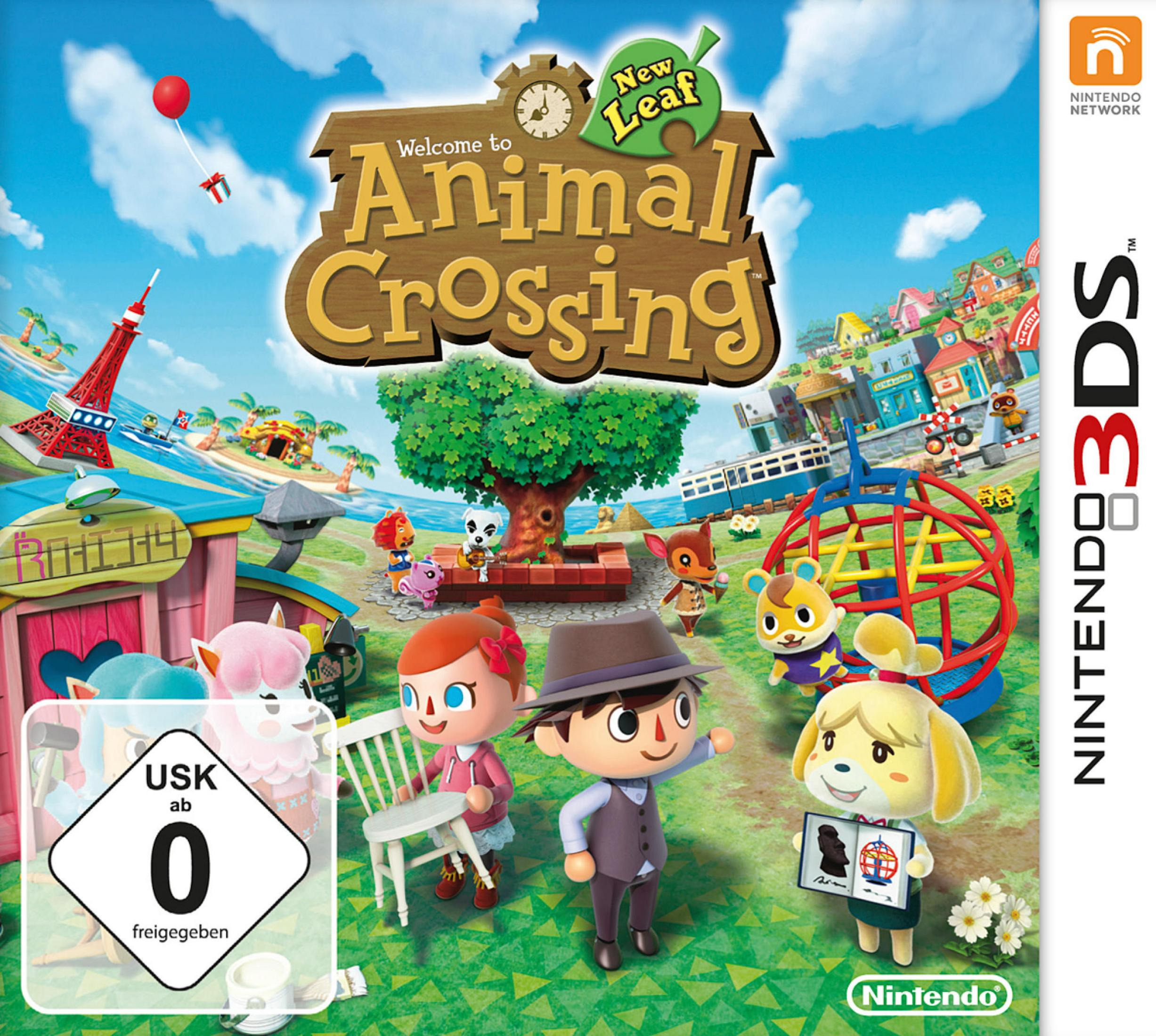 Spielcover von Animal Crossing: New Leaf mit Charakteren und Spielwelt.