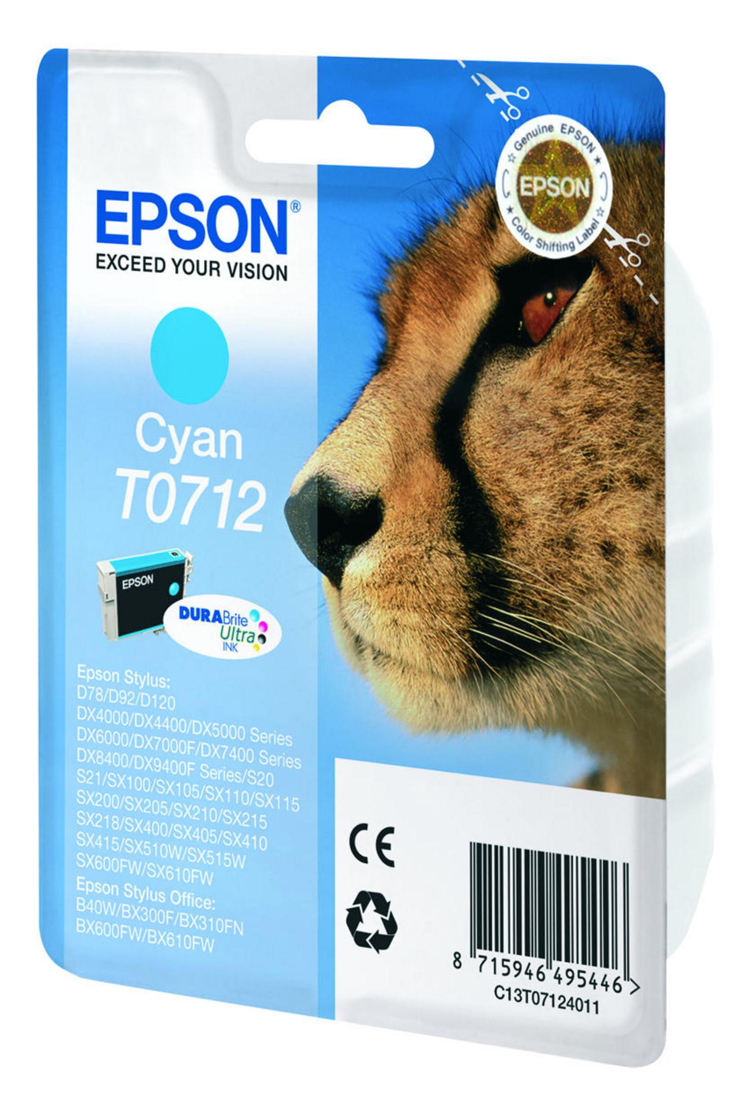 Cartuccia d'inchiostro Epson Cyan T0712 con immagine di ghepardo sulla confezione.