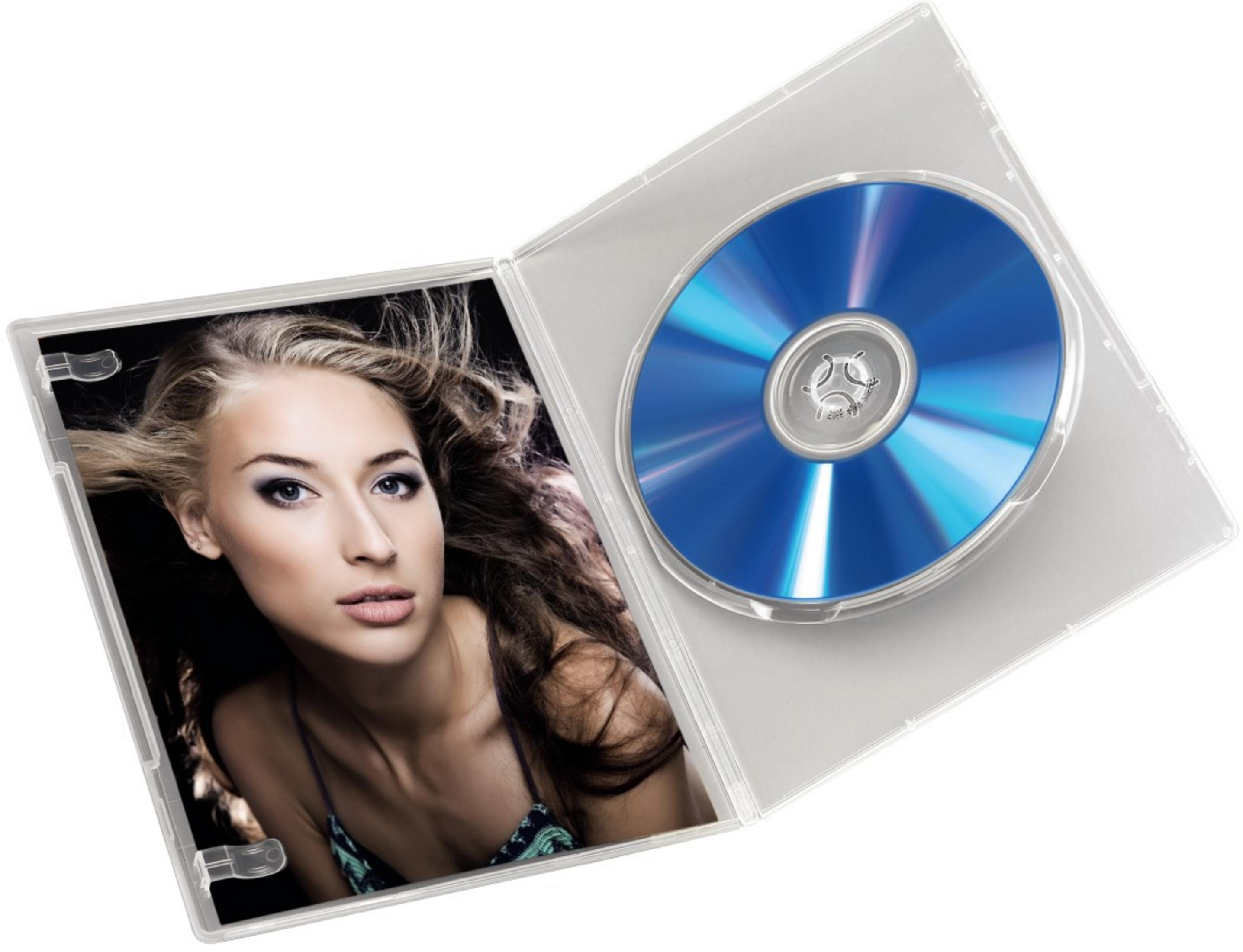 Eine Frau auf einem CD-Cover neben einer blauen Disc in einer Hülle.