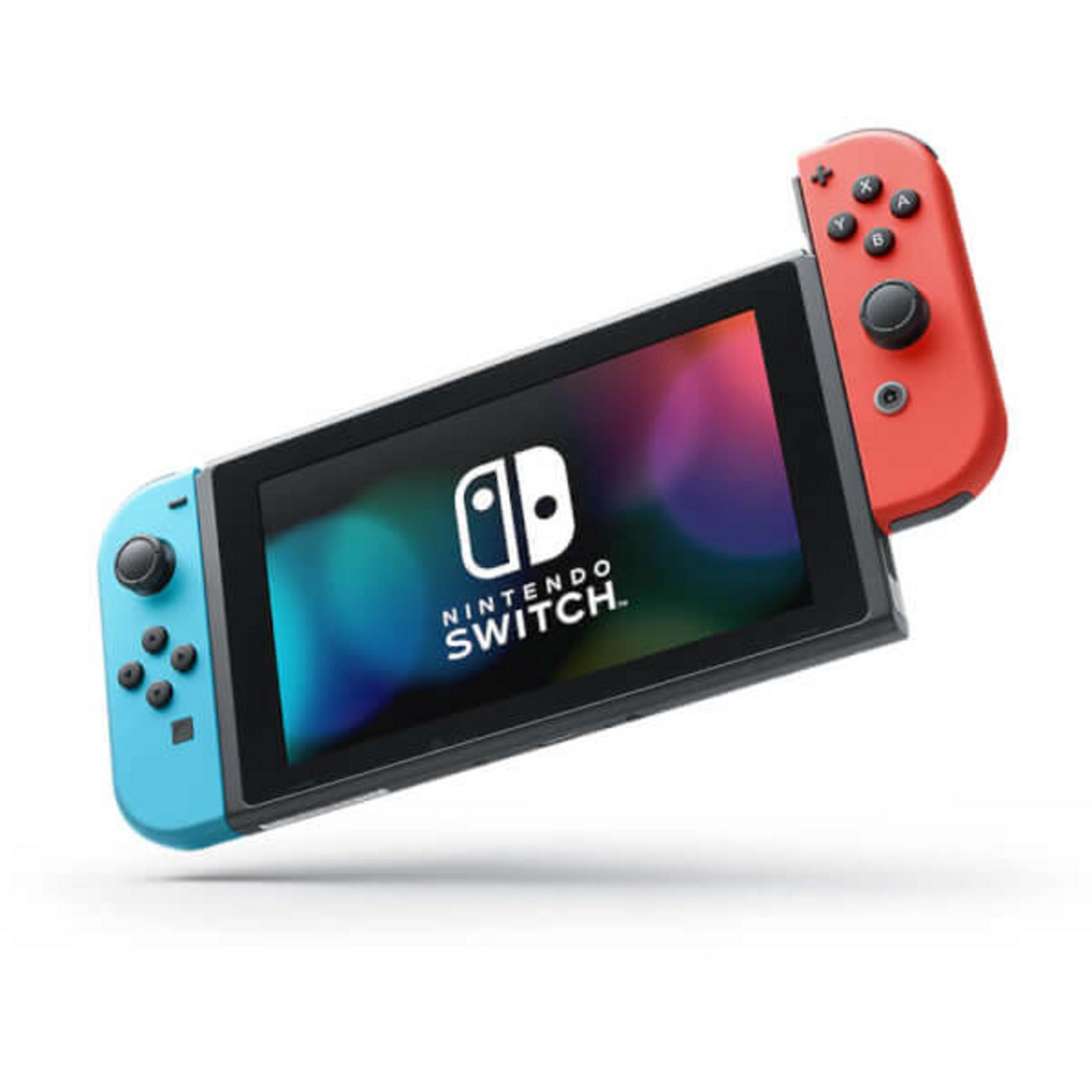 Ein Nintendo Switch mit blauem und rotem Controller, der auf weißem Hintergrund steht.