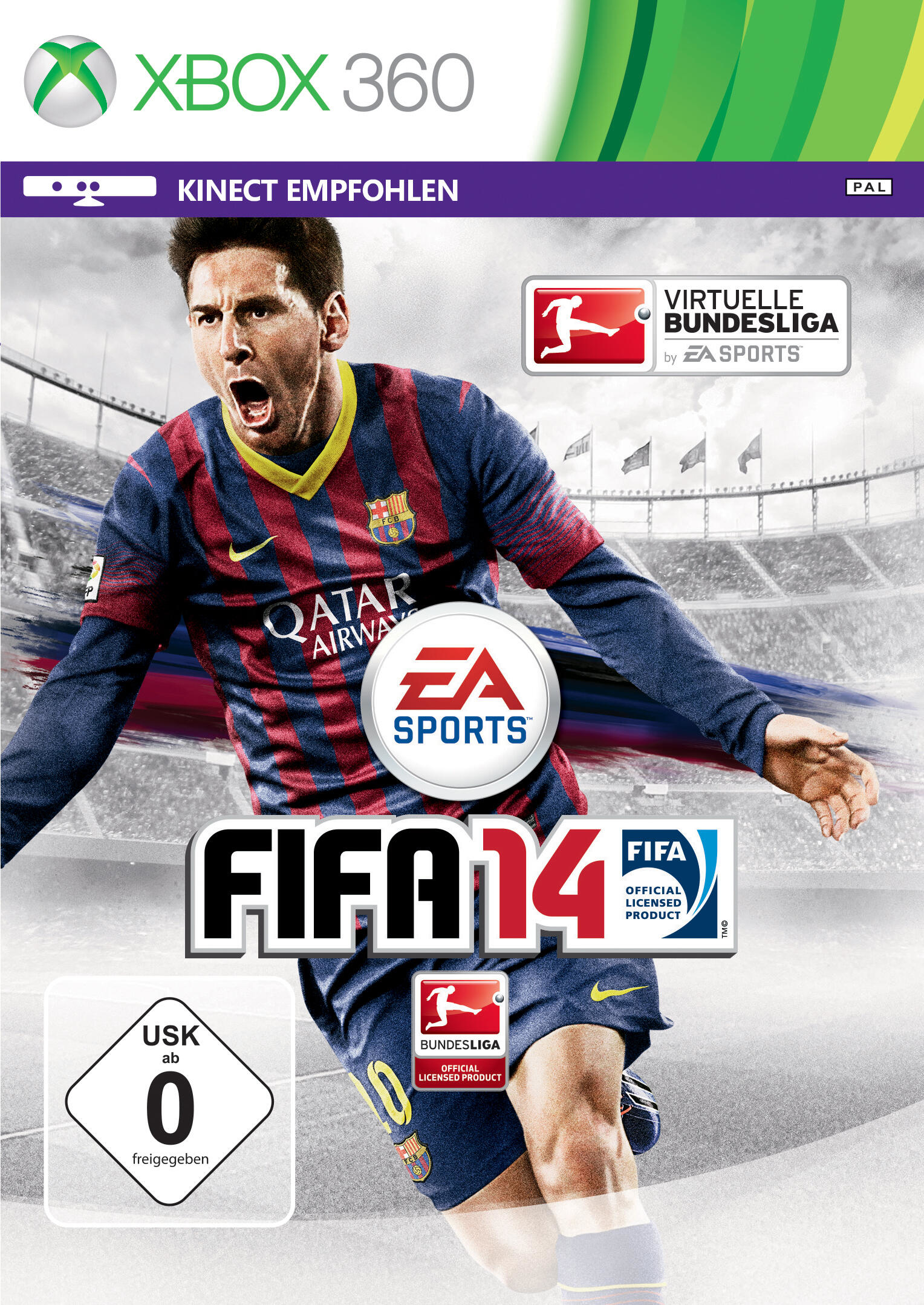 FIFA 14 Cover mit Lionel Messi in Aktion, Xbox 360 und Bundesliga Logos.