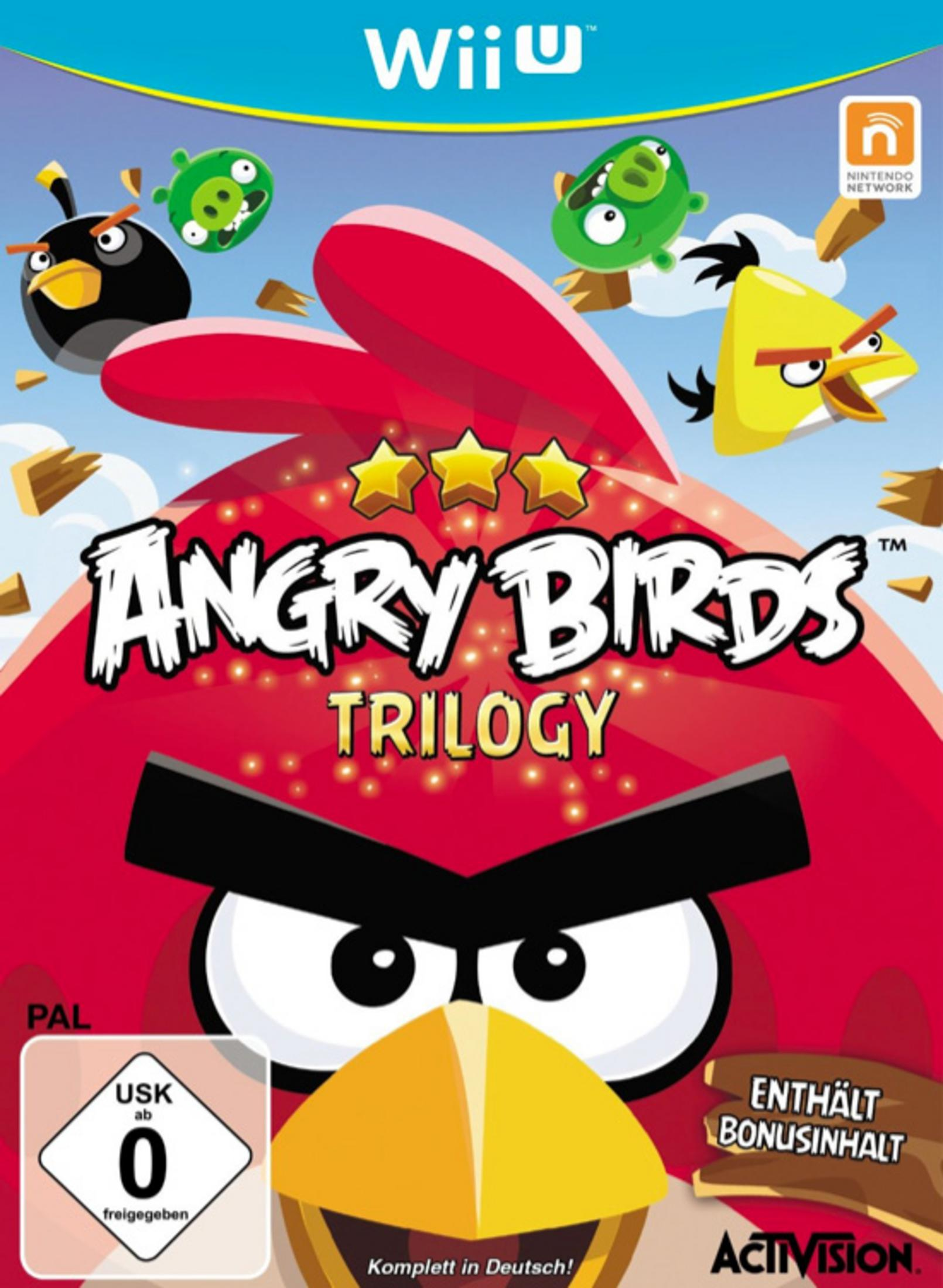 Das Wii U Spiel Angry Birds Trilogy Cover mit roten, gelben und schwarzen Vögeln.