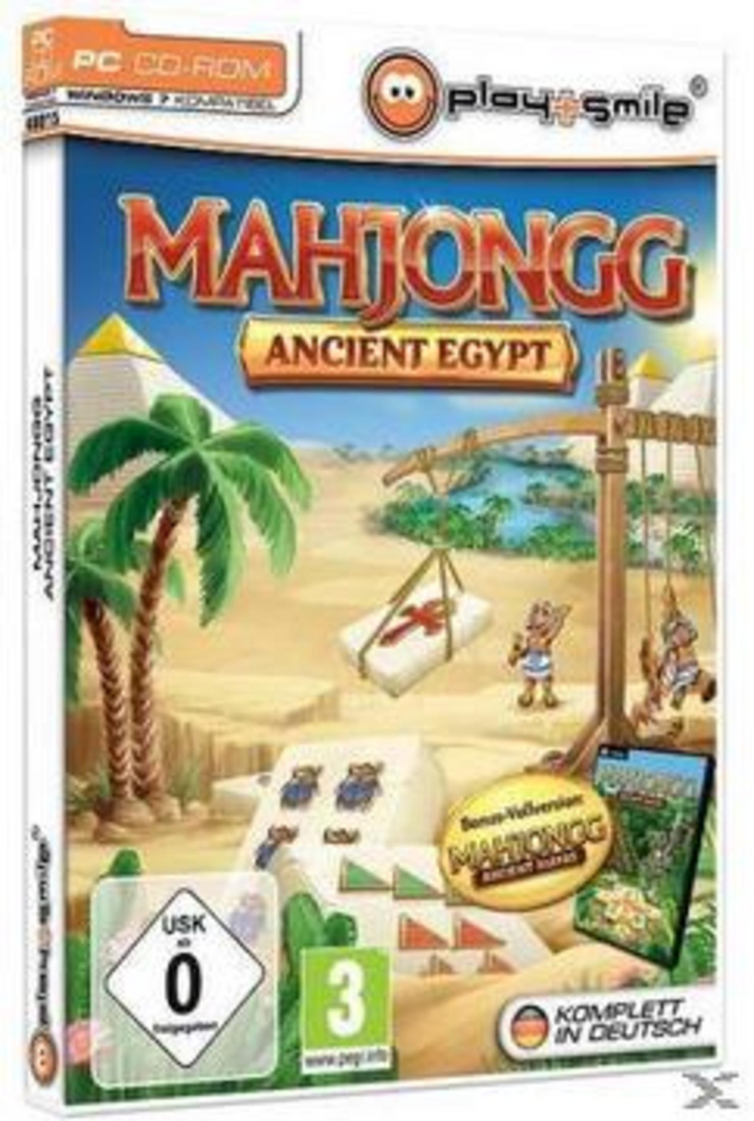 PC-Spiel "Mahjongg: Ancient Egypt" mit Pyramiden, Palmen und Figuren.