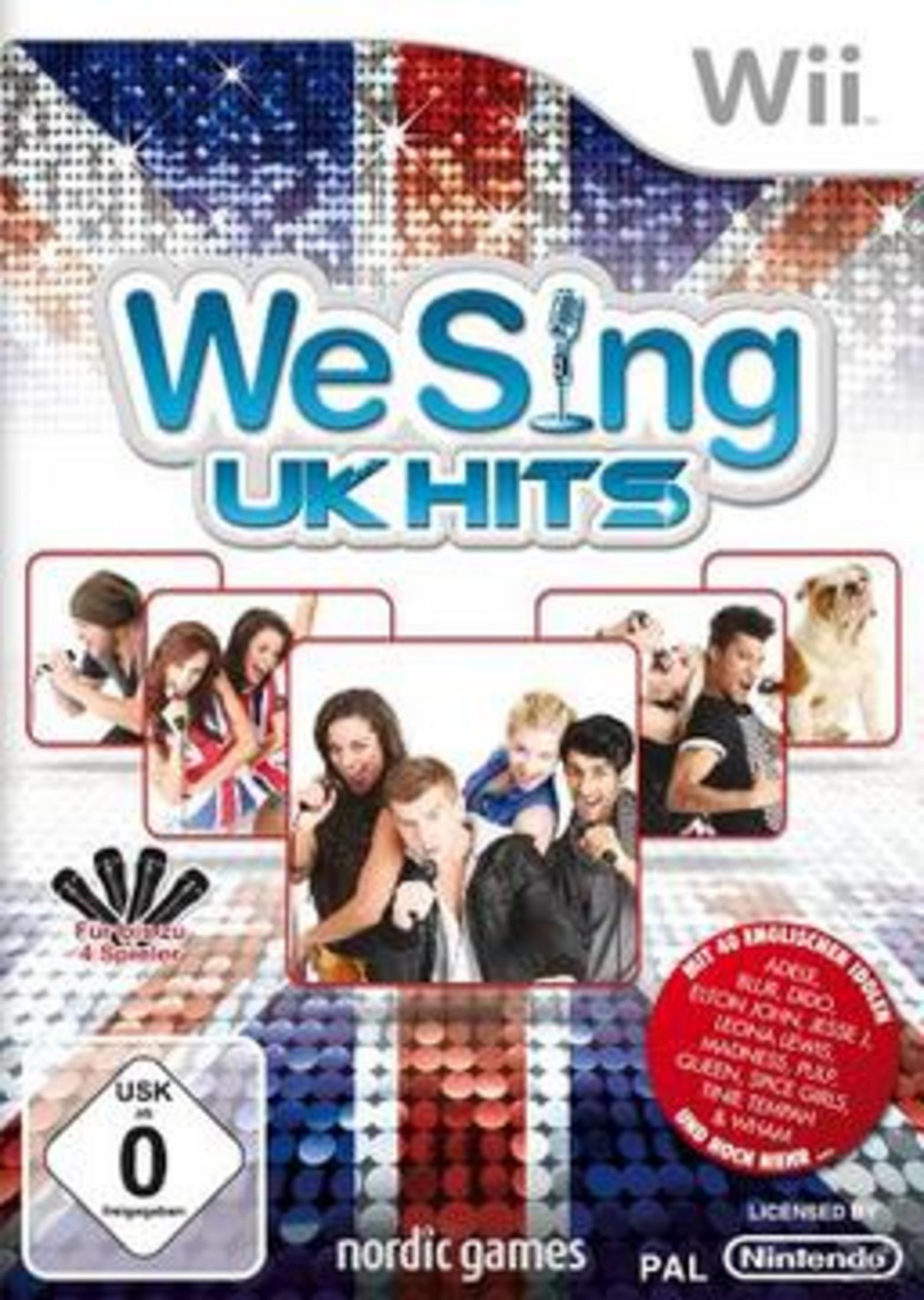 Wii-Spielcover "We Sing UK Hits" mit Sängern, Mikrofonen und Union Jack.