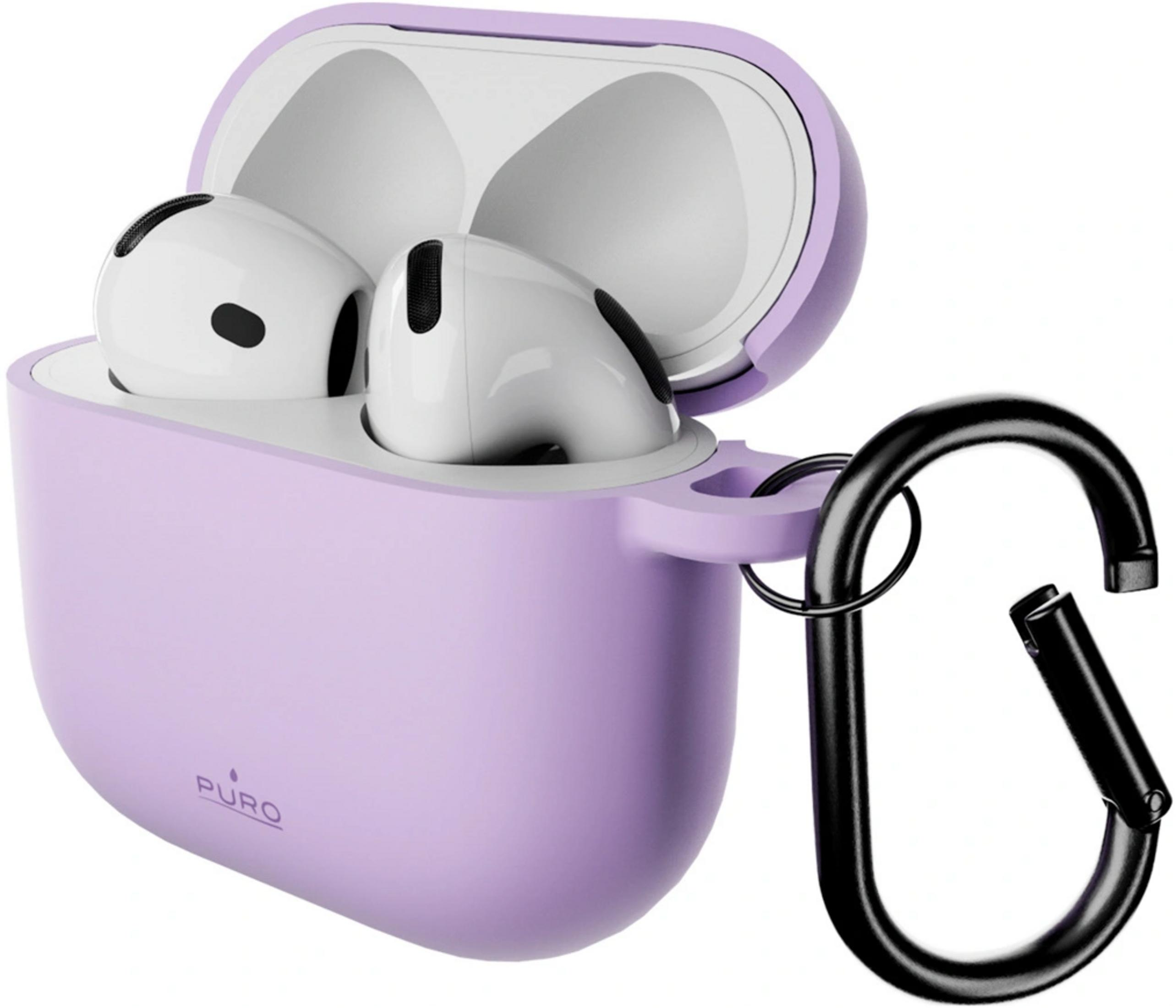 Ein lavendelfarbener PURO-AirPod-Pro-Hülle mit angebrachtem schwarzem Karabiner.