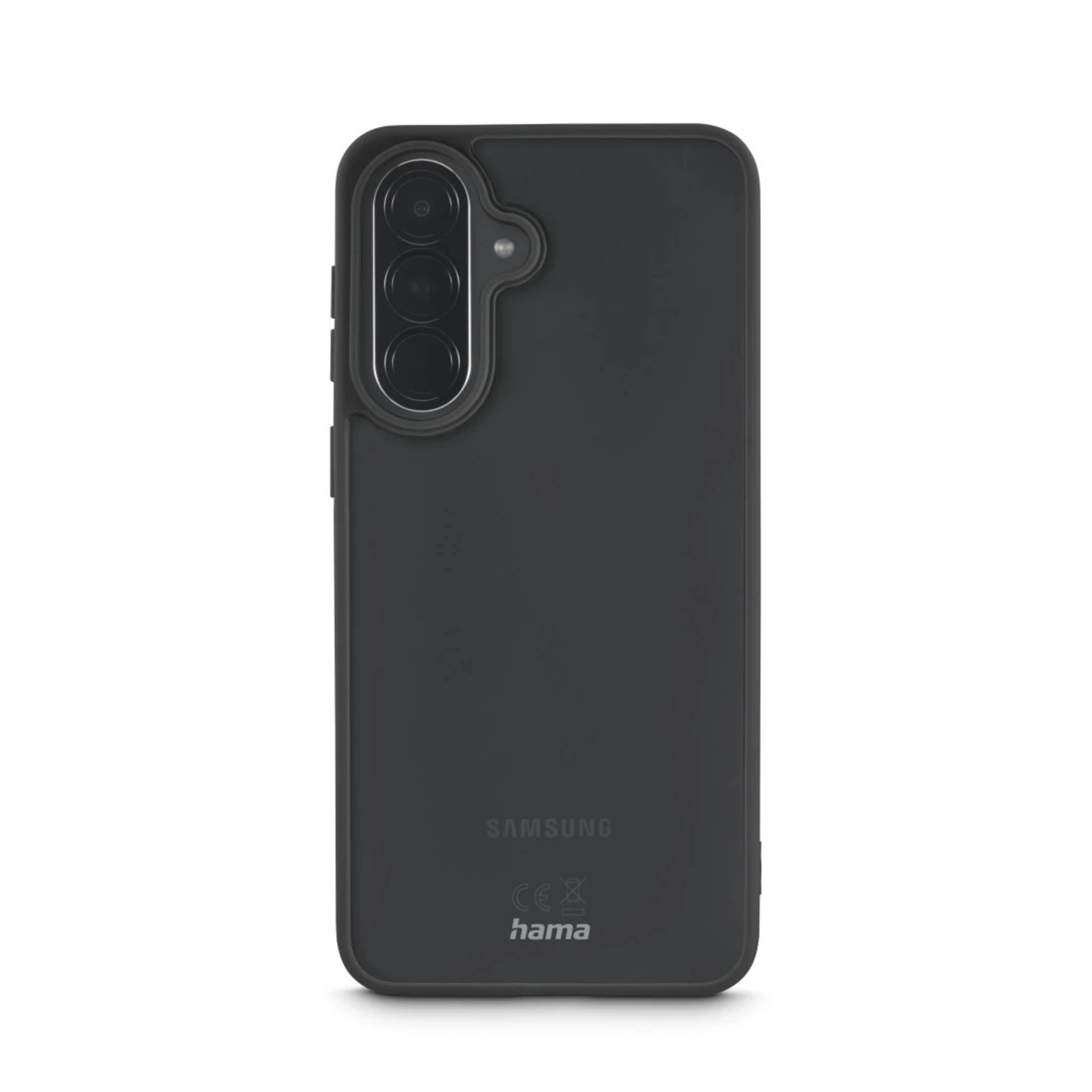 Schwarze Handyhülle mit drei Kameralinsen, Samsung und Hama Logo.
