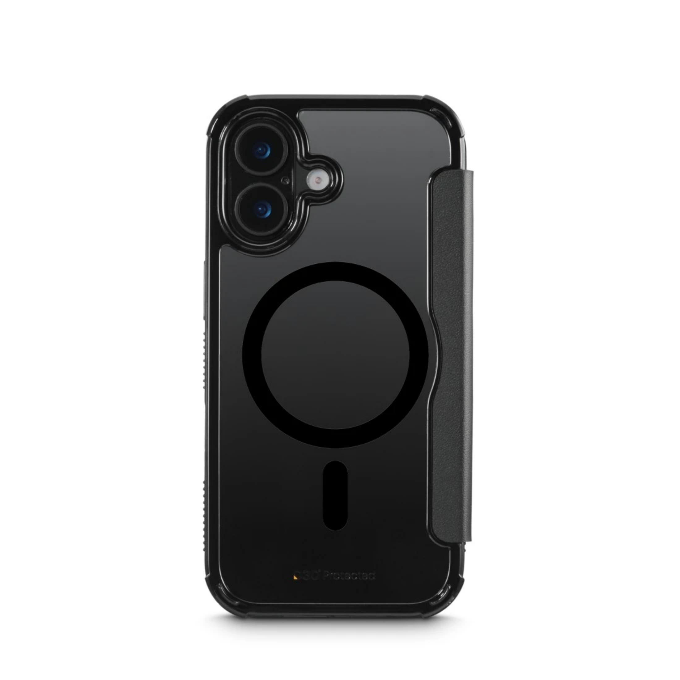 Schwarzes iPhone-Gehäuse mit MagSafe-Ring und Kameraschutz.