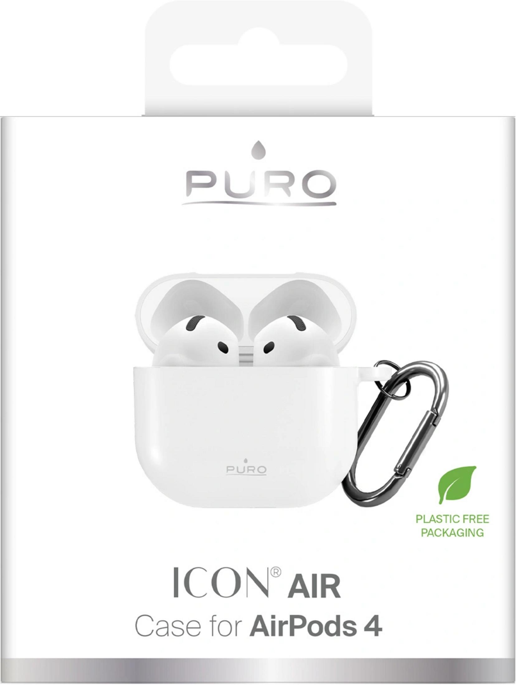 Weiße Puro AirPod-Hülle mit Karabiner und Blatt-Symbol für plastikfreie Verpackung.