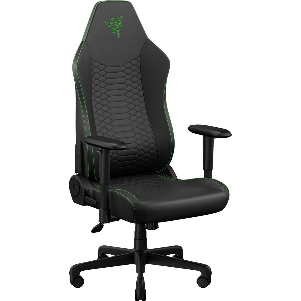 Schwarzer Gaming-Stuhl mit grüner Zierleiste, Razer-Logo auf Kopfstütze, texturierter Sitz.