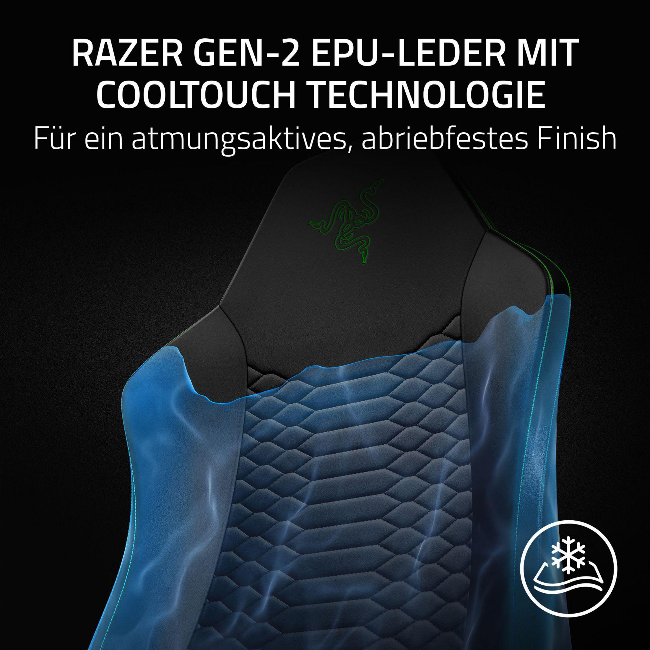 Schwarzer Stuhlbezug mit gepolsterten Einsätzen, CoolTouch-Technologie und Razer-Logo.