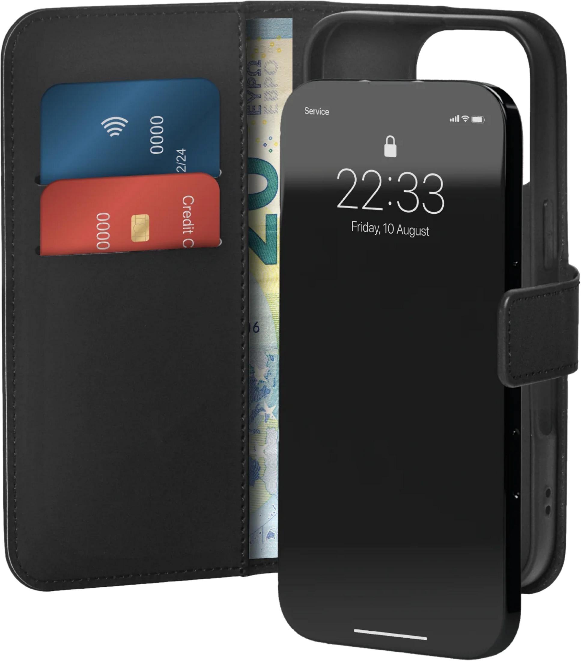 Custodia nera per telefono con slot per carte, carte di credito, banconota e iPhone bloccato.
