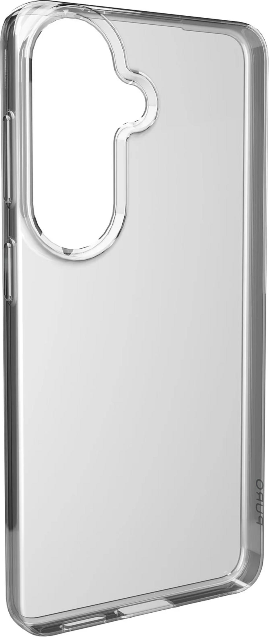 Custodia trasparente per telefono con ritagli per fotocamera e pulsanti.