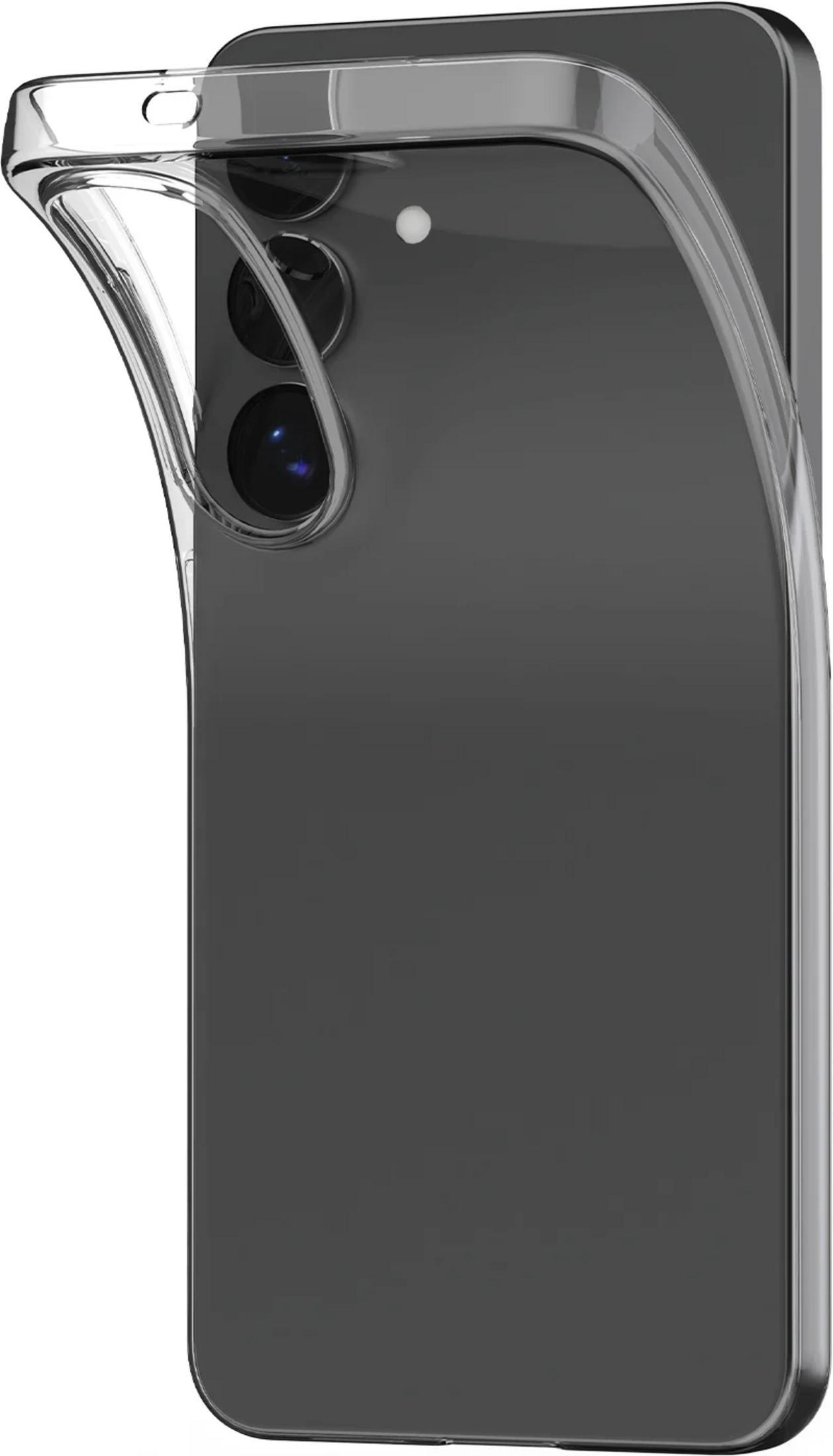 Custodia trasparente su uno smartphone scuro, primo piano del retro.