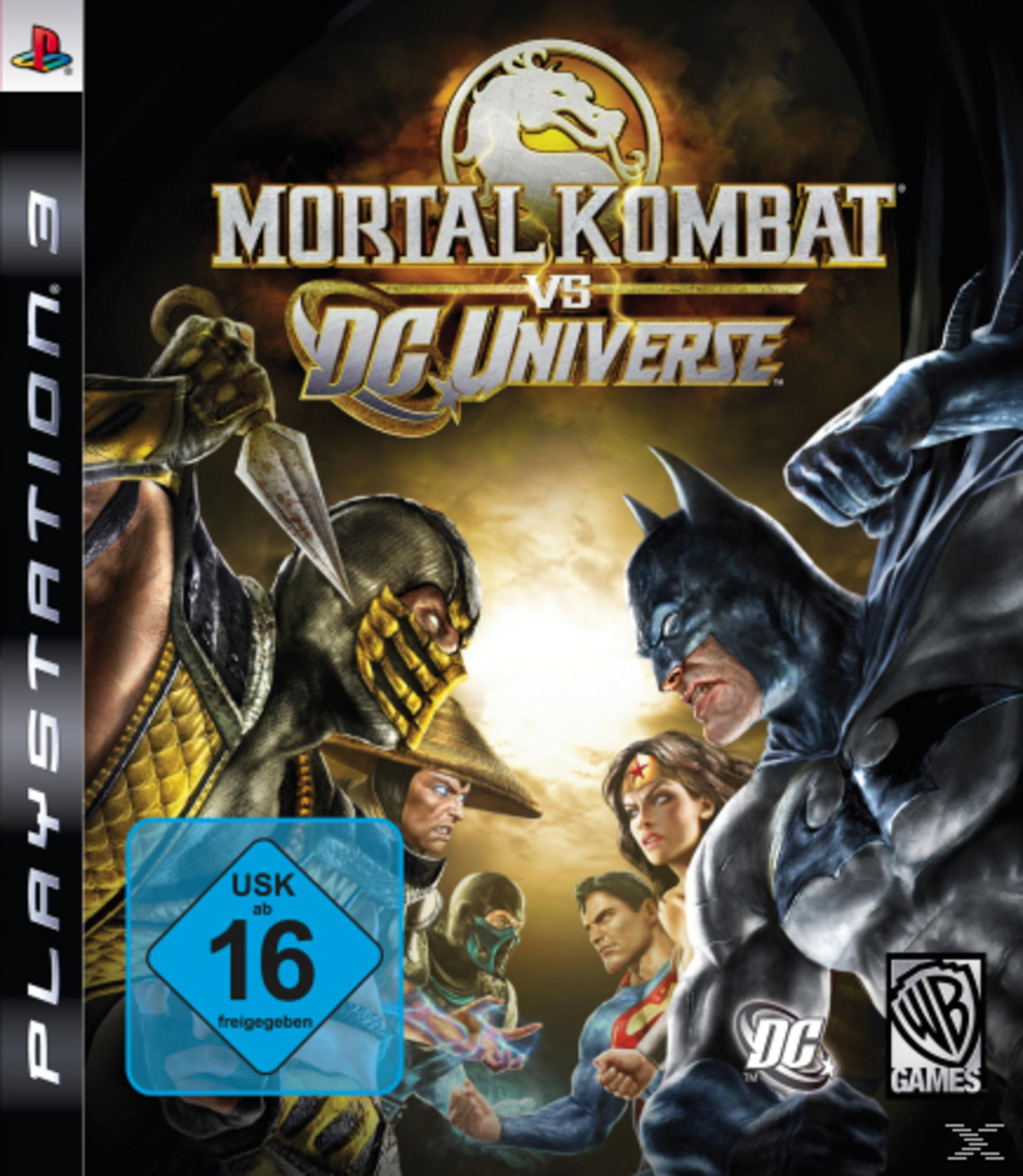 Mortal Kombat vs DC Universe-Spielecover: Batman, Scorpion, Wonder Woman, Superman, Sub-Zero.