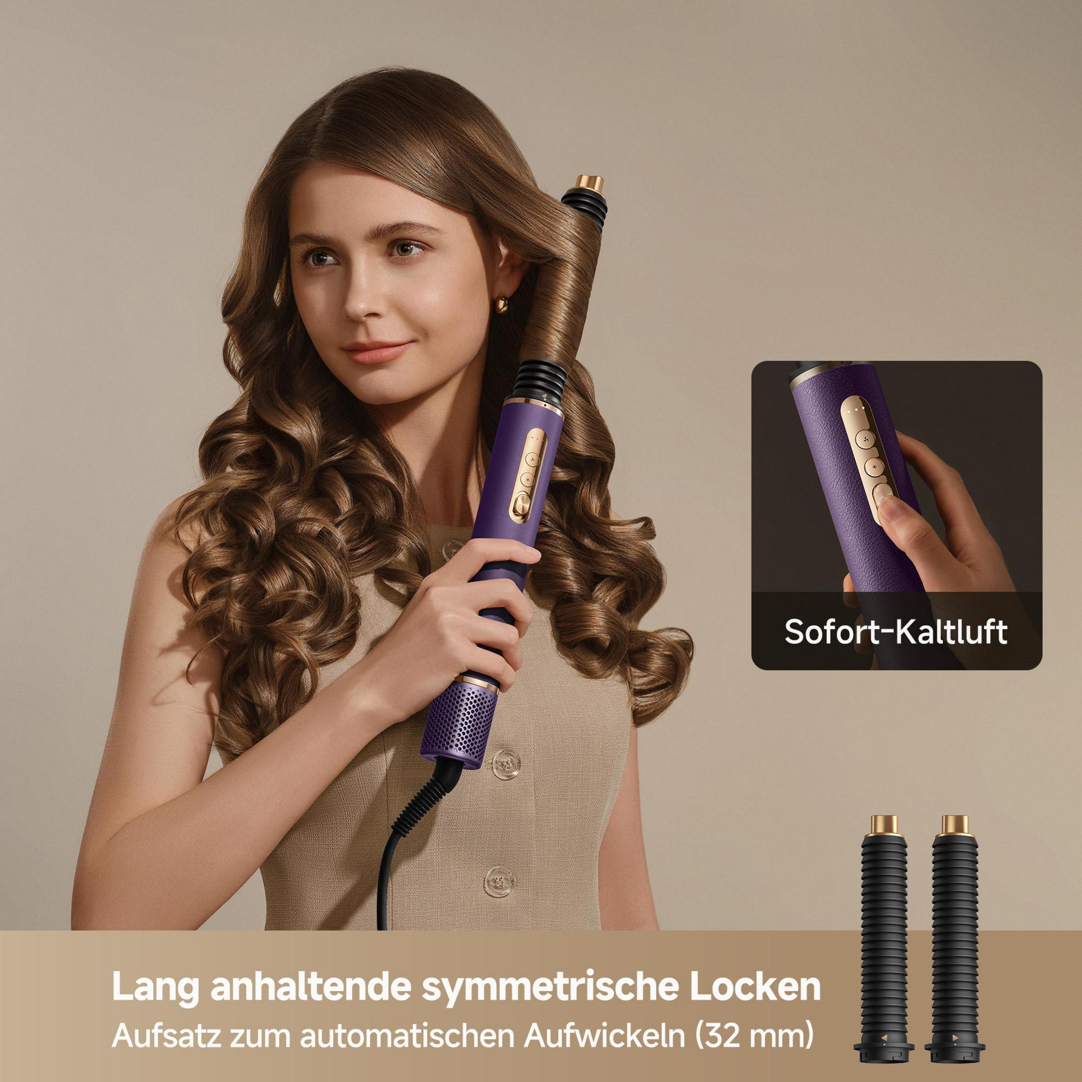 Frau mit lockigem Haar, die einen violetten Lockenstab benutzt. Zubehör im Vordergrund.