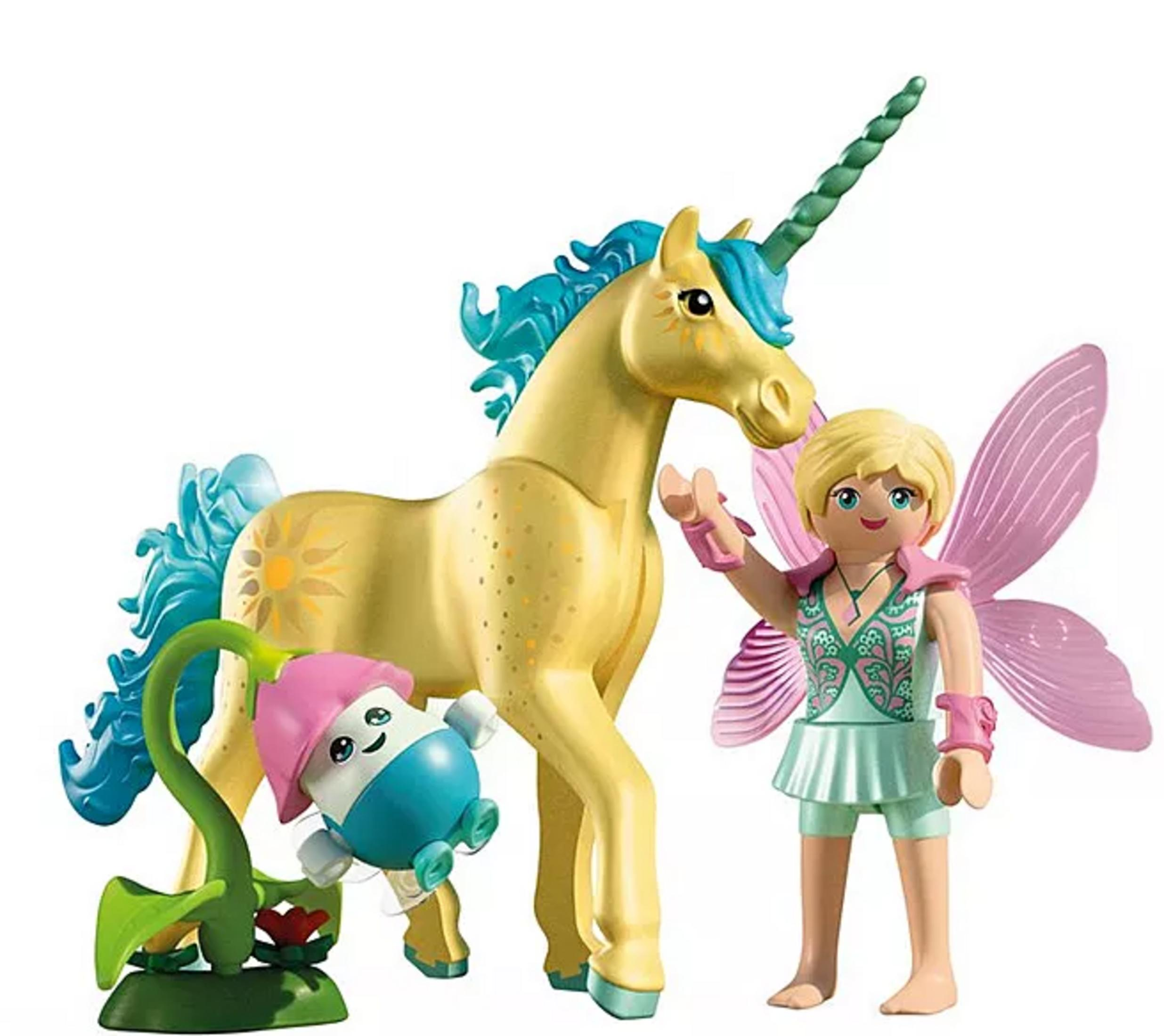 Ein gelbes Einhorn mit blauer Mähne, eine Fee mit rosa Flügeln und ein Blumenwesen.